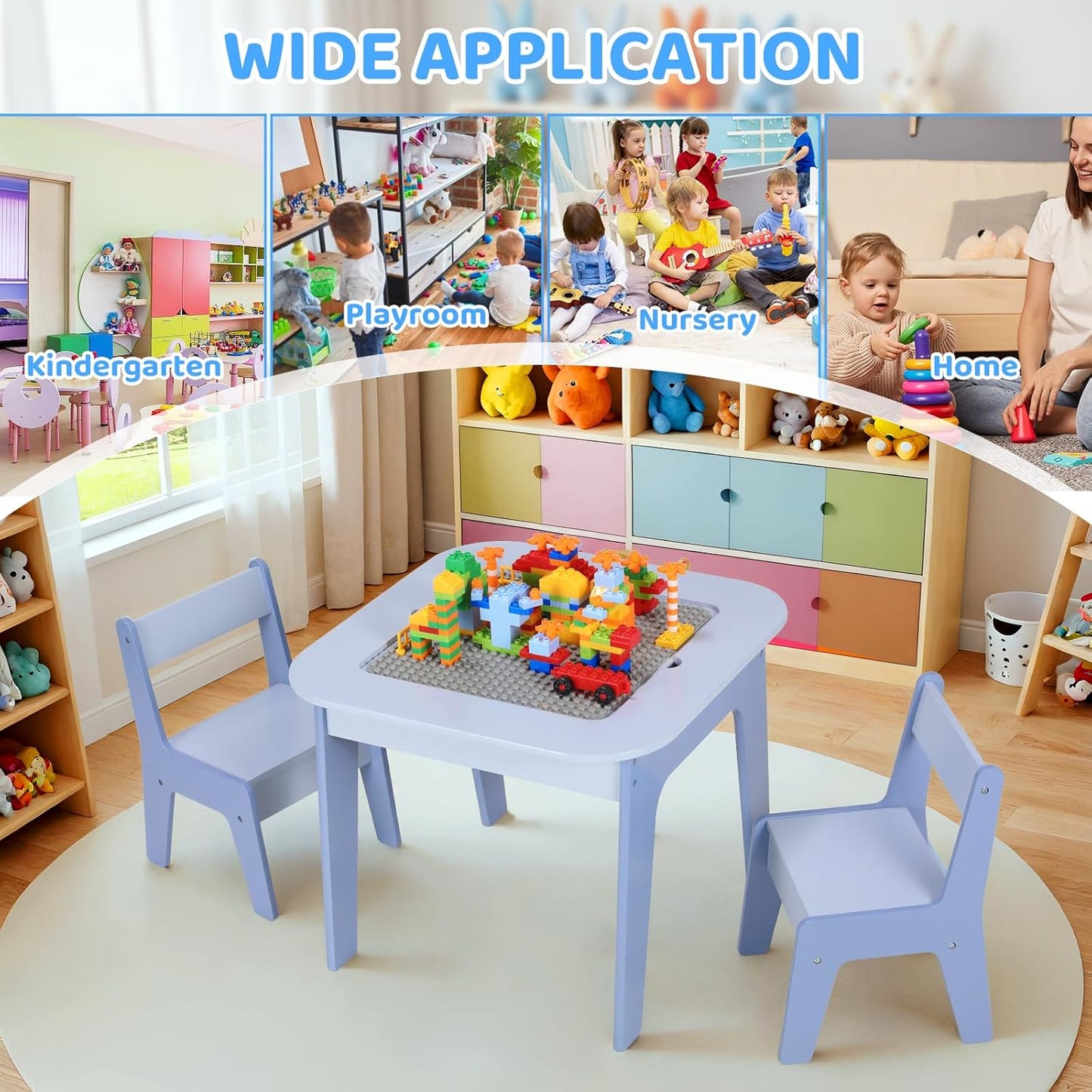 LAZY BUDDY Wooden Kids Table and 2 Chairs Set with Storage, Toddler Activity Table with 2 Removable Double-Sided Tabletops for Drawing, Arts Crafts Playing