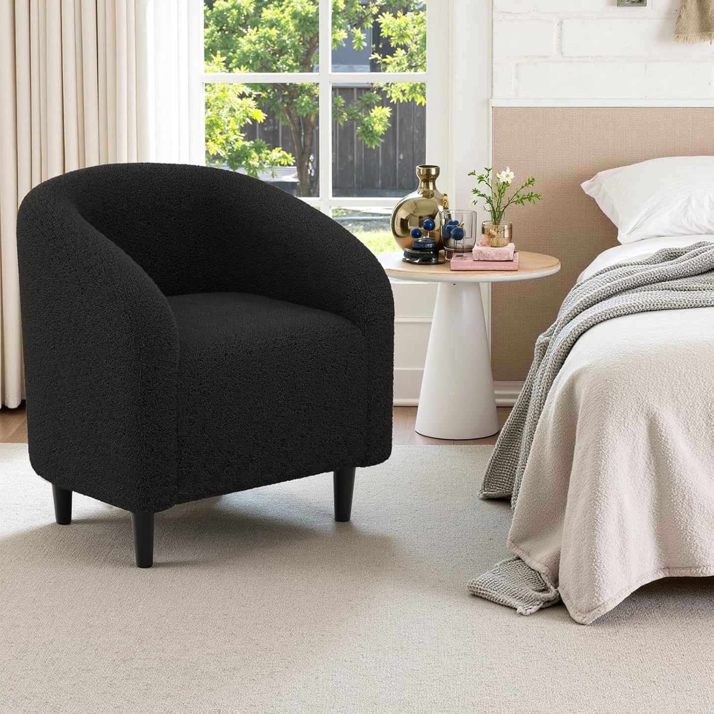 LAZY BUDDY Accent Barrel Chair, Comfy Teddy Fabric Club Chair with Side Pocket, Modern Armchair for Living Room, Bedroom, Office, Reception Space