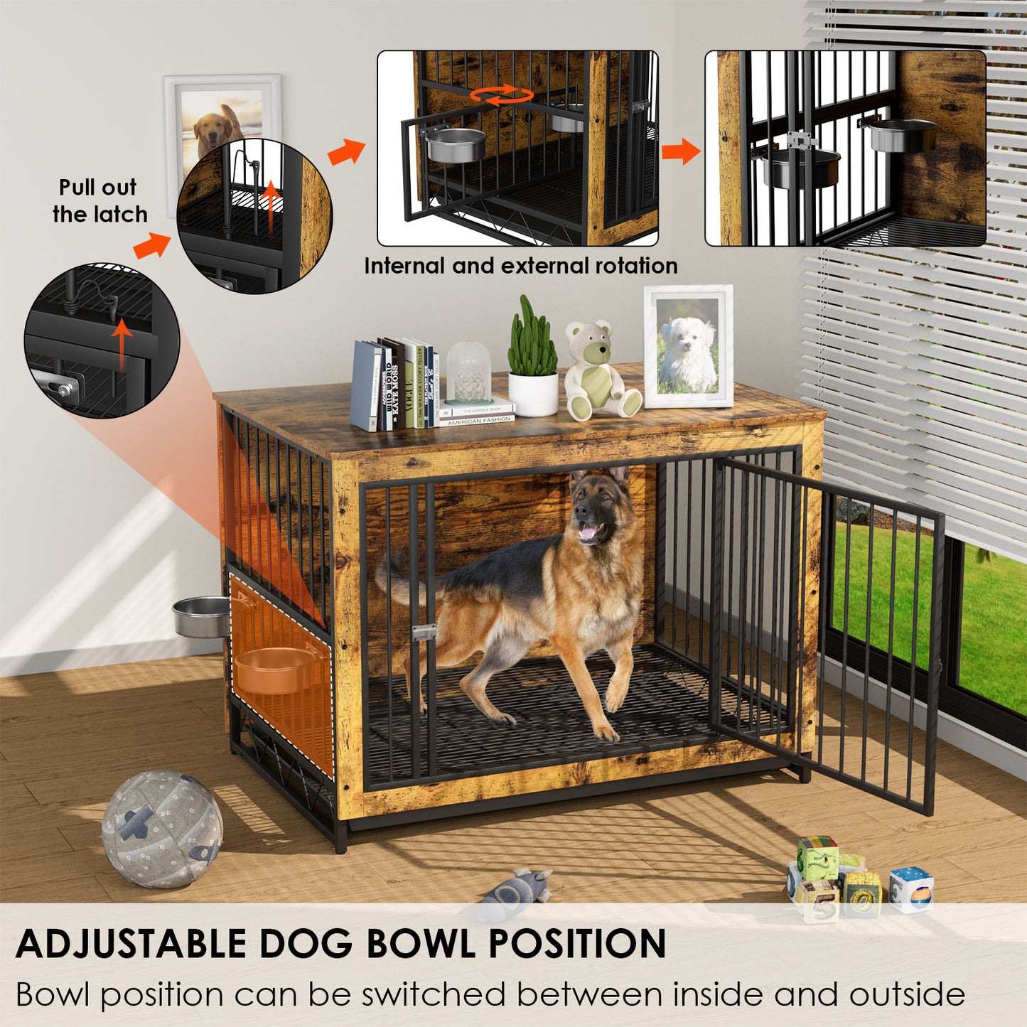 LAZY BUDDY Dog Crate Furniture with Bowls, Wooden Dog Crate End Table with Tray, Brown