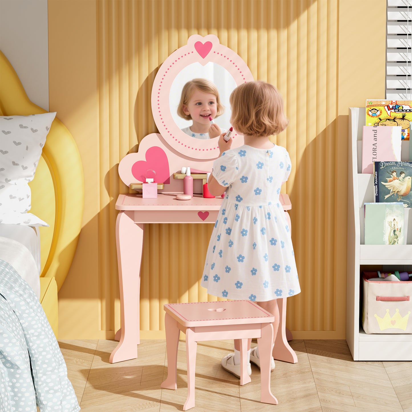 LAZY BUDDY Kids Vanity Set, Wooden Vanity Table and Chair with Mirror, Including 8pcs Pretend Play Makeup Accessories, Princess Dressing Makeup Table for Girls 3+