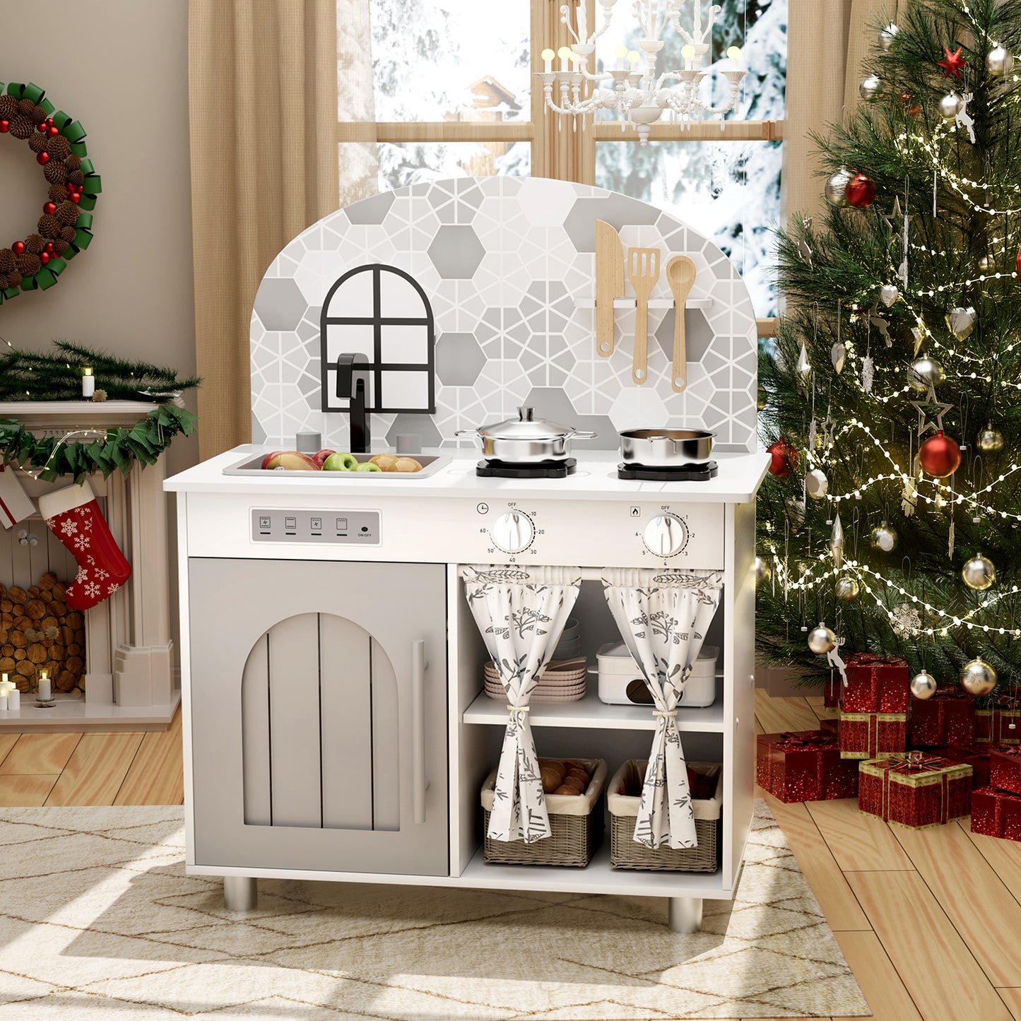LAZY BUDDY Kids Kitchen Playset, Wooden Pretend Play Kitchen Toddler Interactive Toy with 5 Accessories