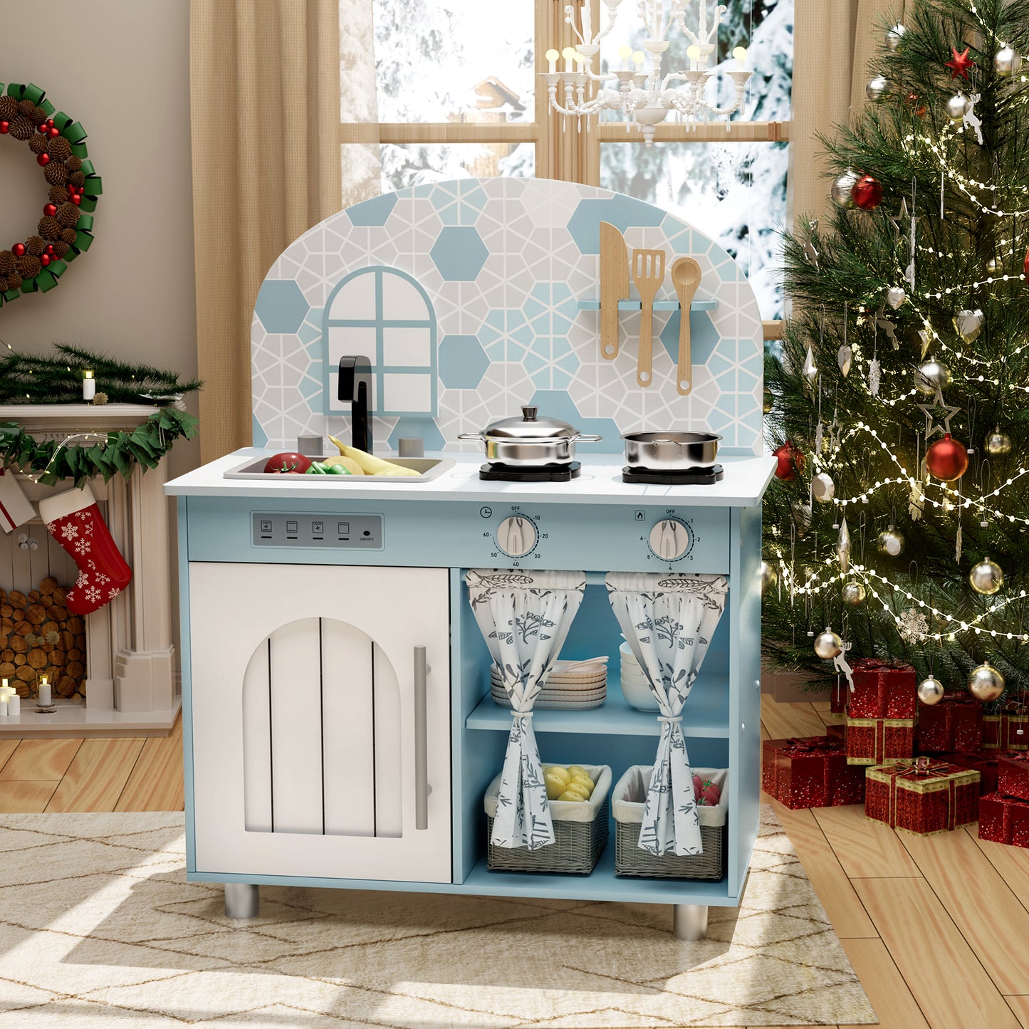LAZY BUDDY Kids Kitchen Playset, Wooden Pretend Play Kitchen Toddler Interactive Toy with 5 Accessories
