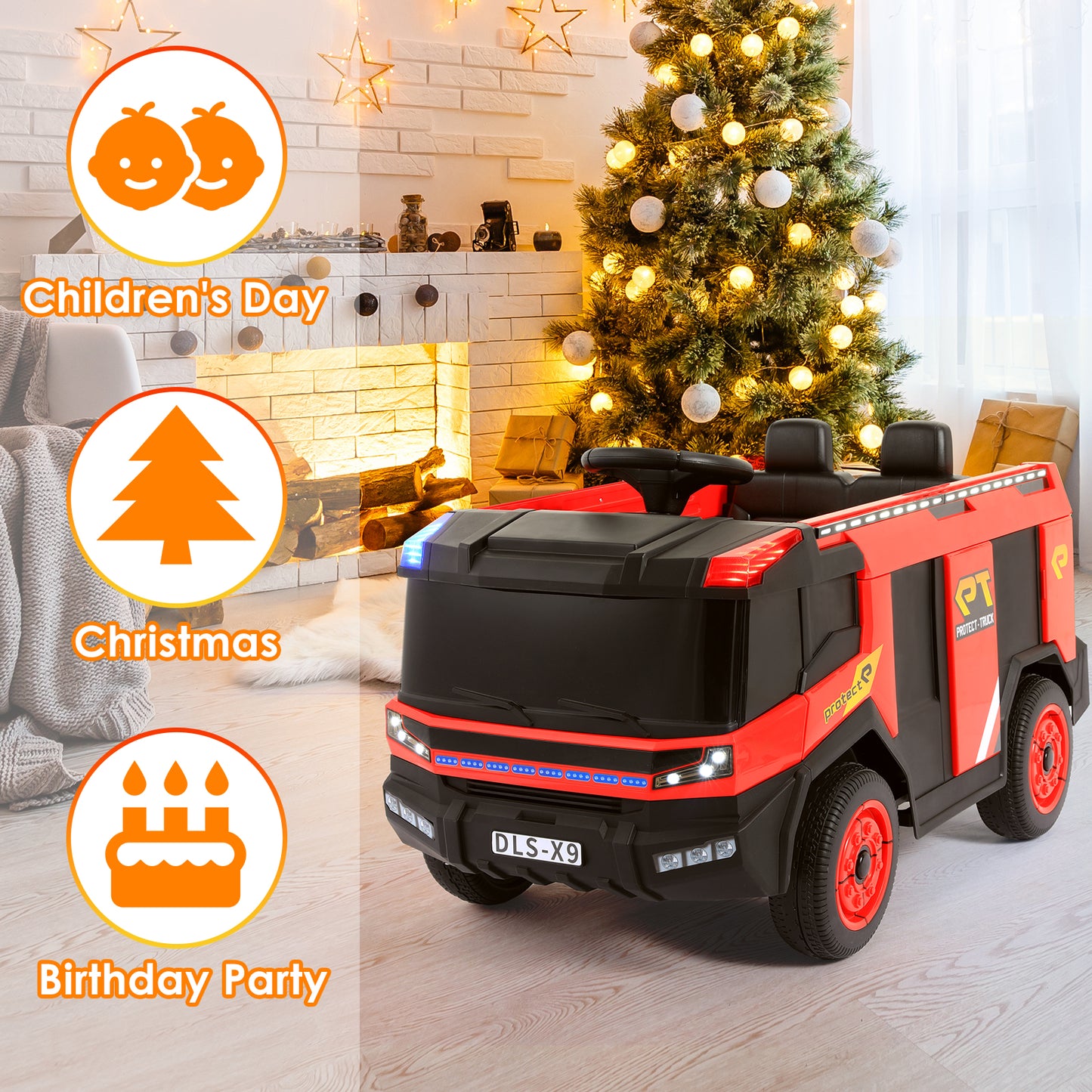 Lazy Buddy Kids Ride On Car 12V Electric Powered Red Fire Truck Toy w/ Remote Control, LED Lights, Siren for Toddler 3+