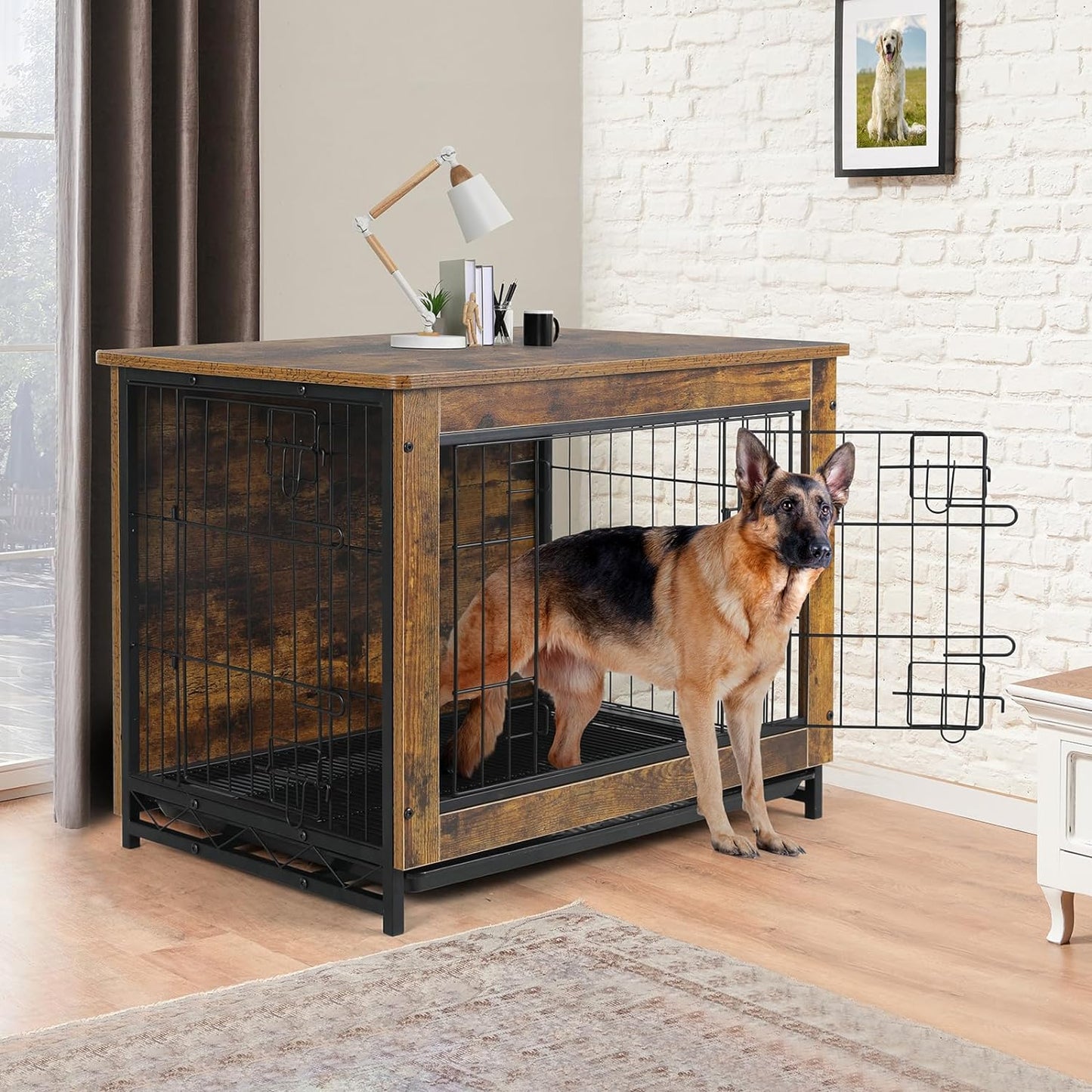 LAZY BUDDY Dog Crate Furniture for Small / Medium Dogs, Indoor Dog Kennel Side End Table Wooden Dog Cage with Removable Tray