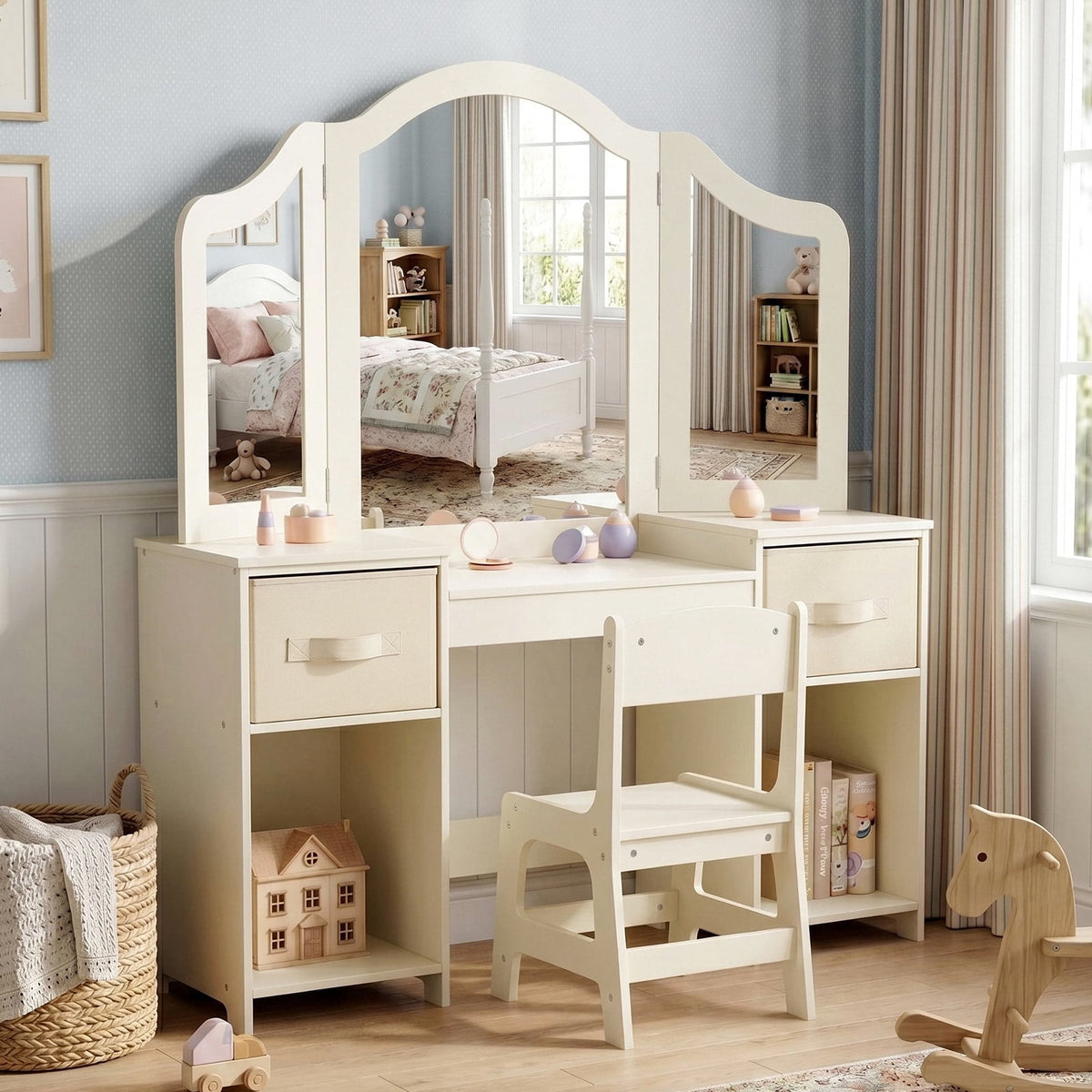 LAZY BUDDY Kids Vanity Set, 2 in 1 Princess Makeup Desk and Chair Set with Canvas Drawers Tri-Folding Detachable Mirror Large Storage Shelves, Wooden Dressing Table, Pretend Play Vanity Set