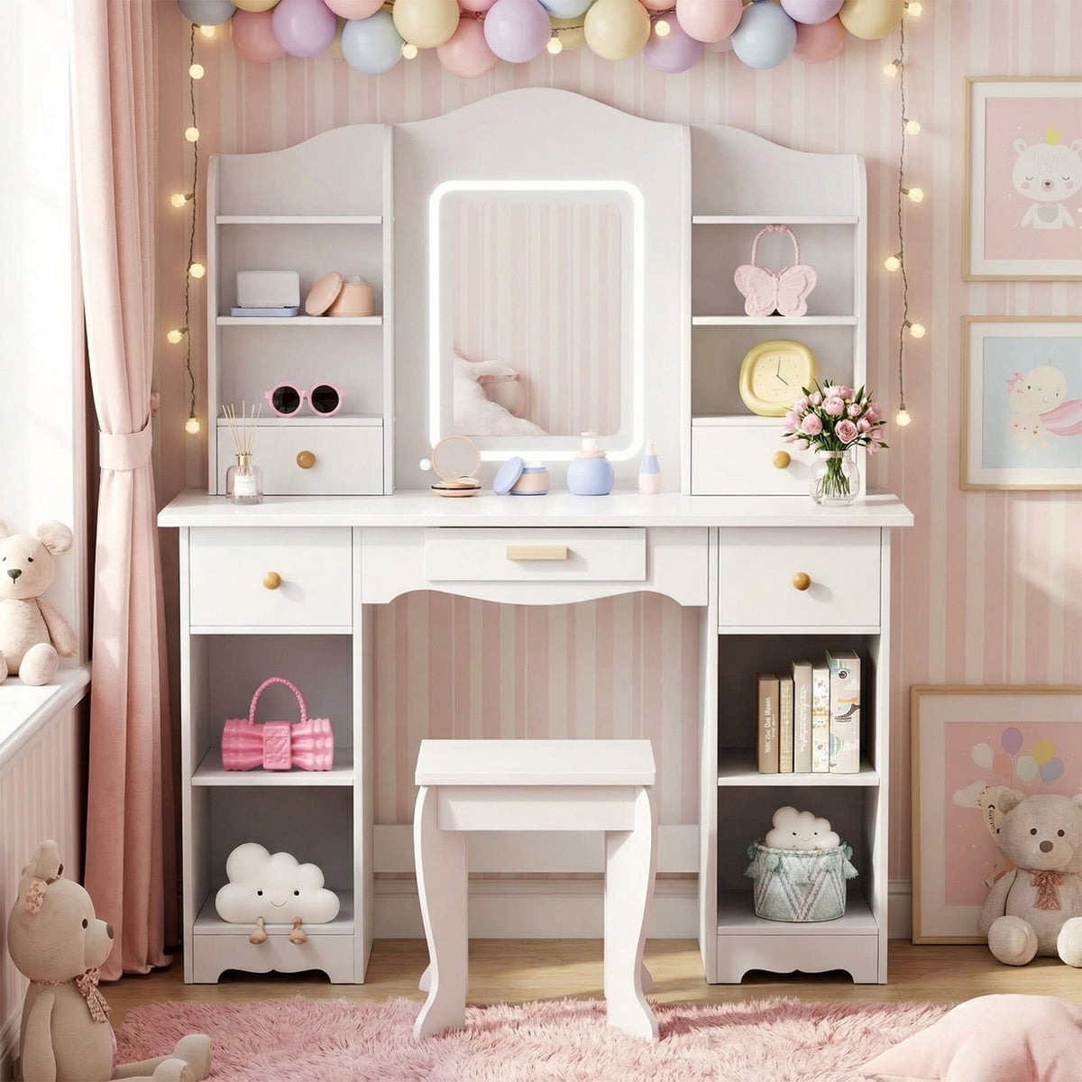 LAZY BUDDY Wooden Kids Vanity Table with Lights, Mirror and Stool, 2 in 1 Toddler Pretend Play Dressing Table with Drawers & Open Shelves for Little Girls