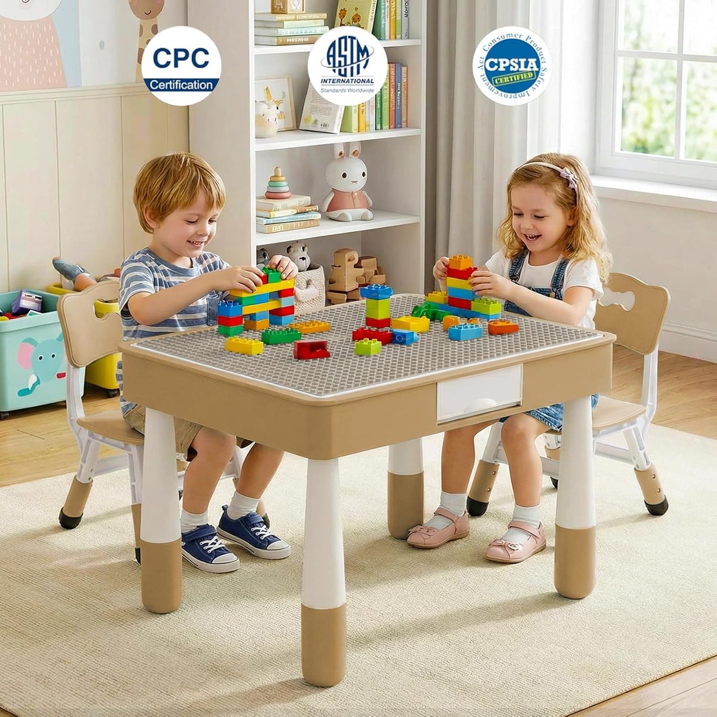 LAZY BUDDY Kids Table and Chairs Set with Storage, Height Adjustable Toddler Activity Table and 2 Chairs Set with 2 in 1 Graffiti/Block Building Desktop, for Playroom, Preschool, Classroom