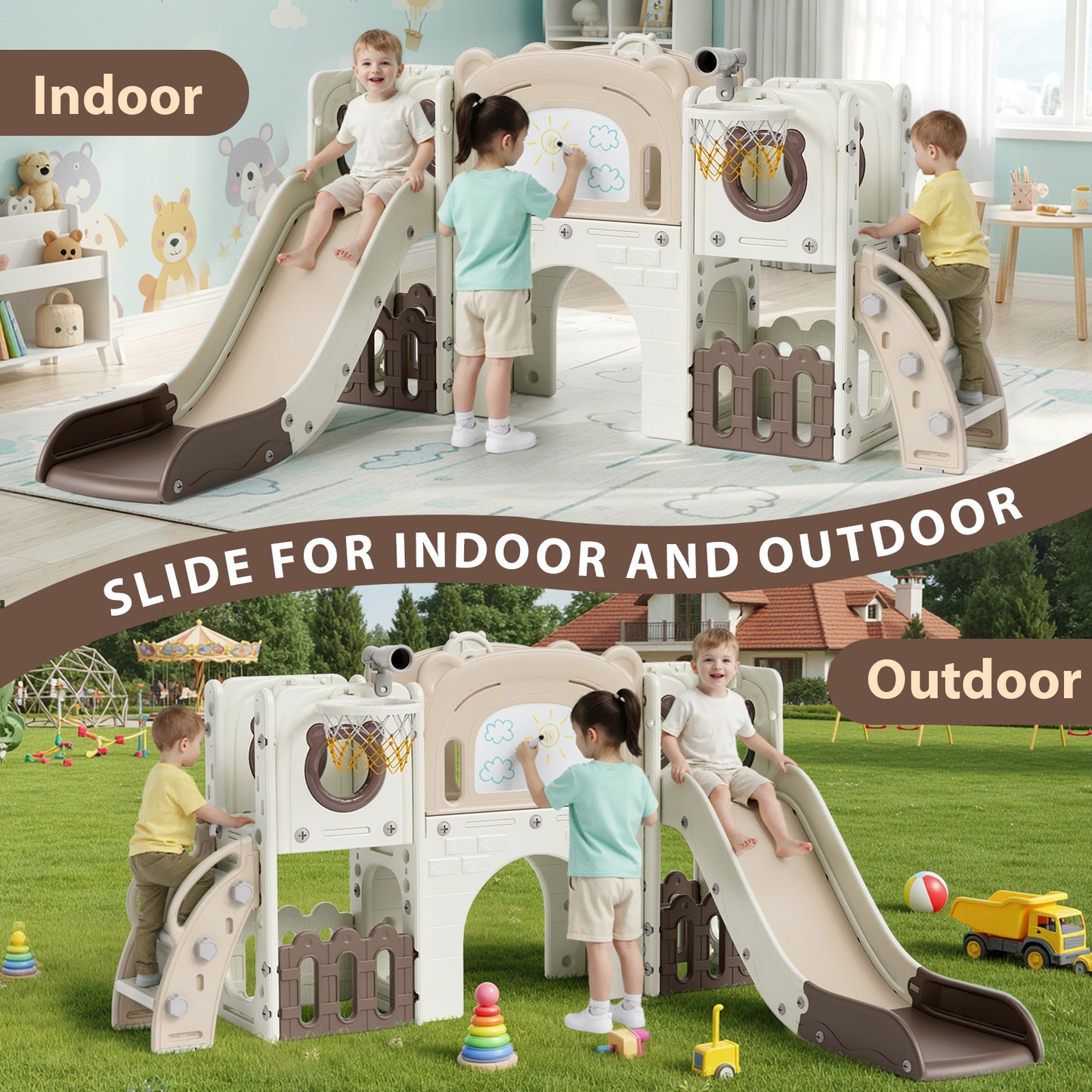 LAZY BUDDY 10 in 1 Toddler Slide, Freestanding Kids Slide and Climber Playset Indoor Outdoor Slide with Basketball Hoop, Telescope and Storage Space
