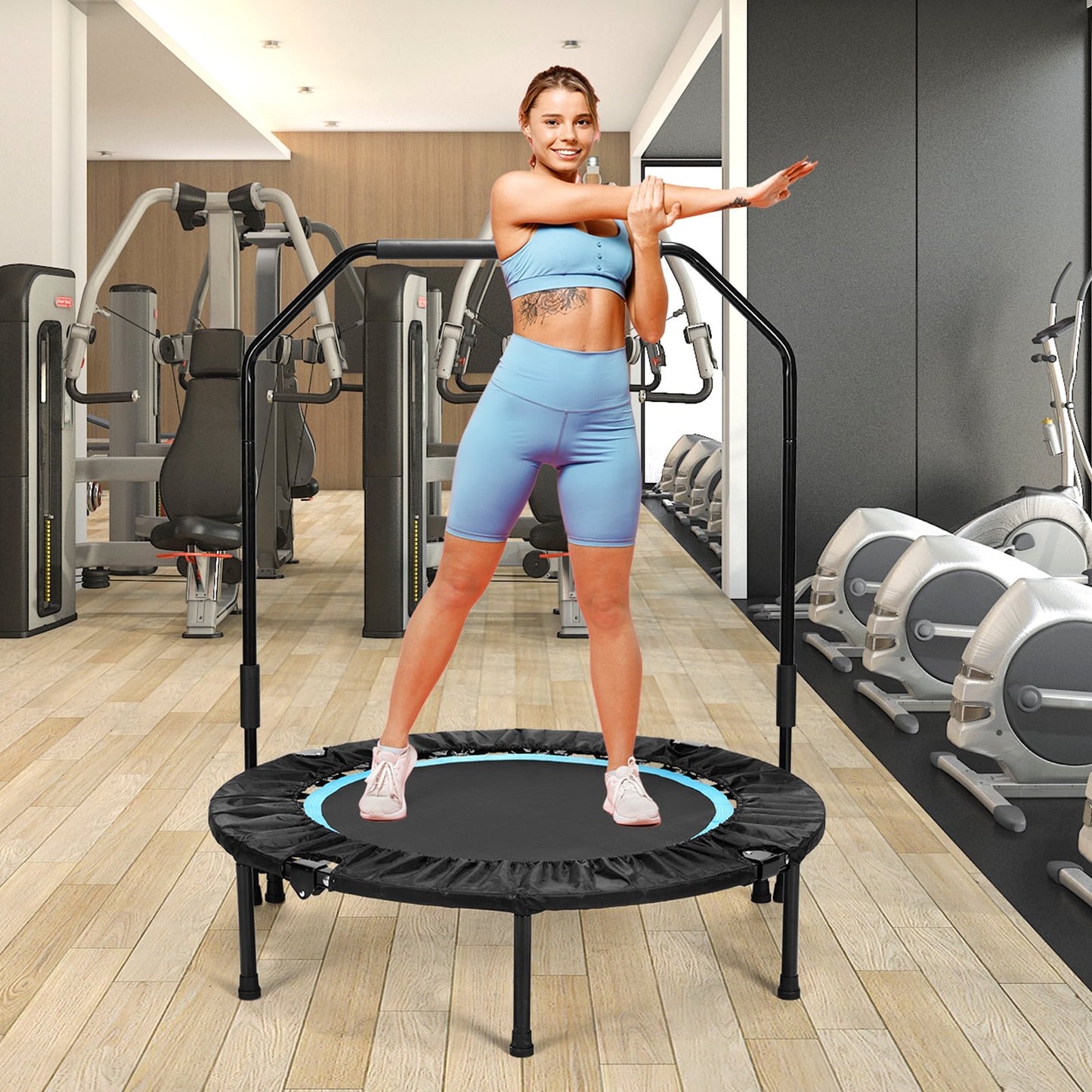 GARTIO 40" Mini Trampoline for Kids Adults Folding Fitness Rebounder Trampoline with Adjustable Handrail, 330lbs
