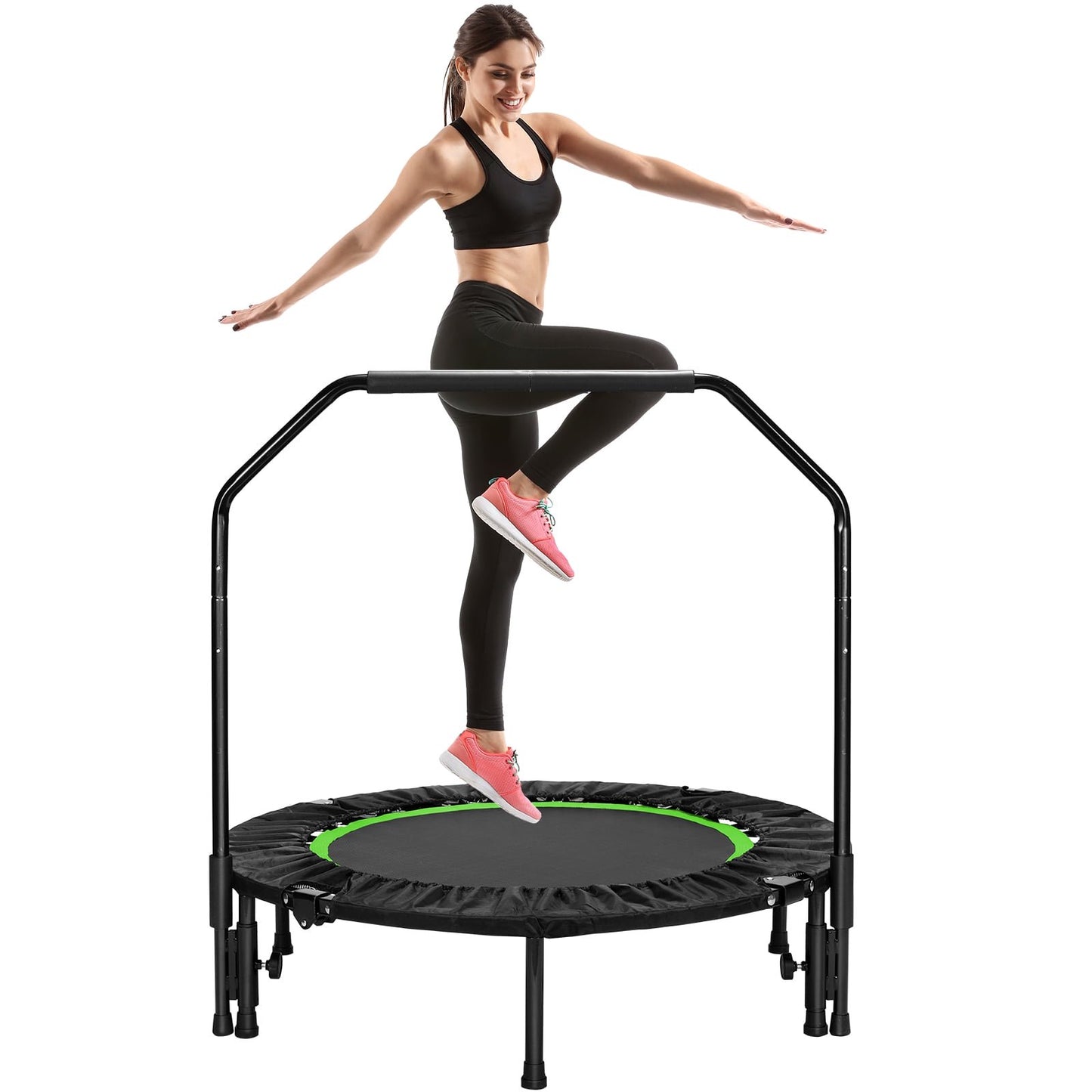 GARTIO 40" Mini Trampoline for Kids Adults Folding Fitness Rebounder Trampoline with Adjustable Handrail, 330lbs