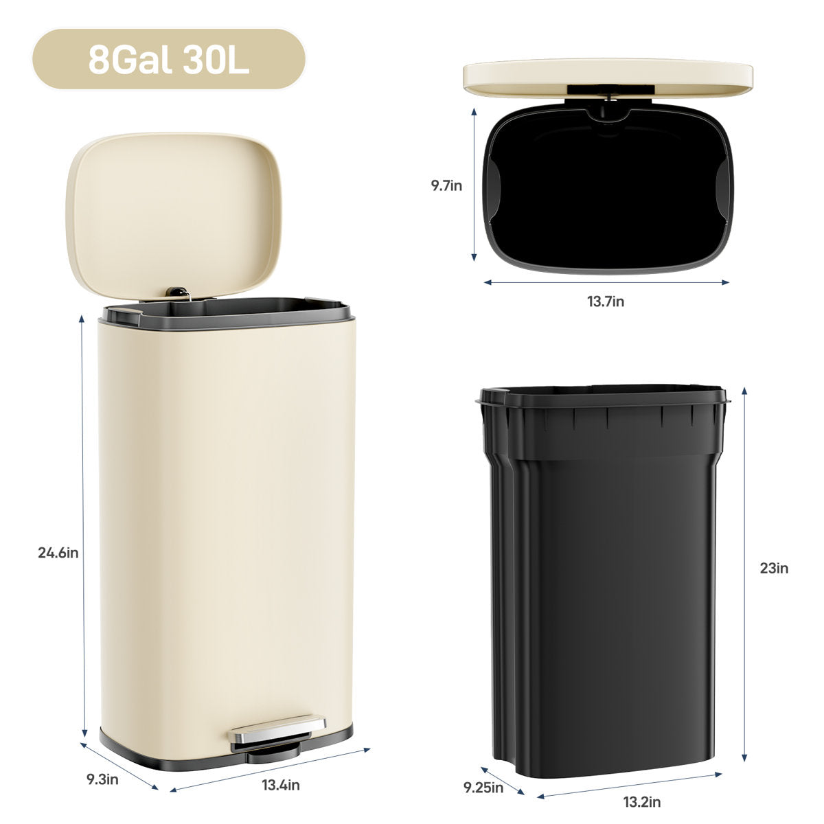 LAZY BUDDY 8 gal Stainless Steel Kitchen Trash Can Black Garbage Bin with Lid - 5 Colors