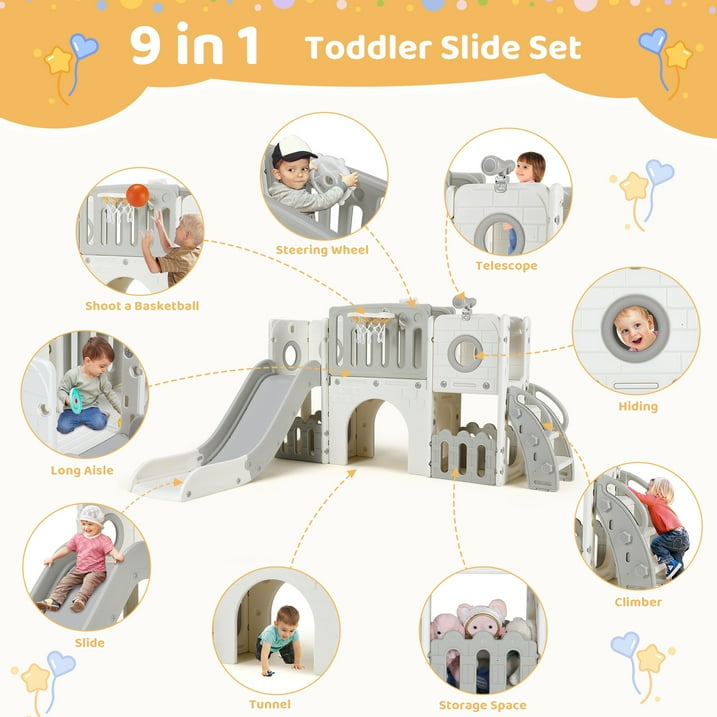 LAZY BUDDY Freestanding Toddler Slide, Kids Slide Climber Playset, Plastic Baby Slide with Basketball Hoop, Telescope, Tunnel, Storage Space, Anti-Slip Steps, Indoor Outdoor Playground for Ages 3+