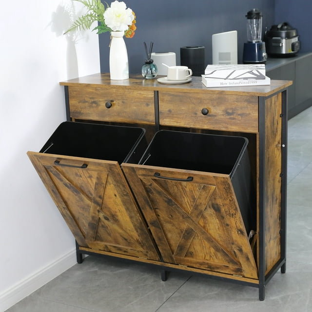 LAZY BUDDY Double Tilt Out Trash Cabinet, Wooden 20 Gallon Kitchen Garbage Can Holder Free Standing