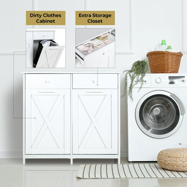 LAZY BUDDY Double Tilt-out Trash Cabinet Free Standing Kitchen Garbage Bin Recycling Cabinet Wooden Hideaway Trash Cans Holder (2x 10 Gallon)