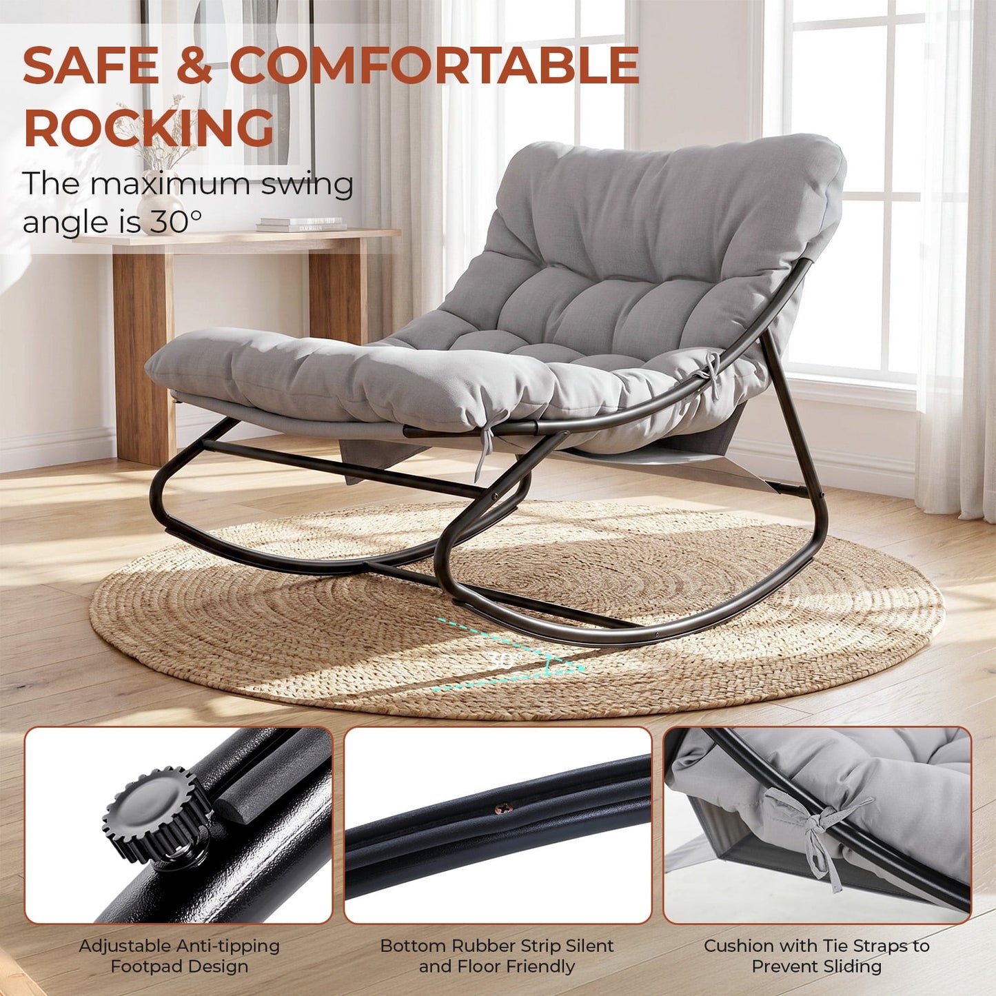 LAZY BUDDY Oversized Outdoor Rocking Chair, Comfy Papasan Rocker Chair with Thick Cushions for Living Room, Bedroom, Balcony, Patio