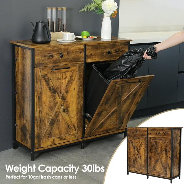 LAZY BUDDY Double Tilt Out Trash Cabinet, Wooden 20 Gallon Kitchen Garbage Can Holder Free Standing