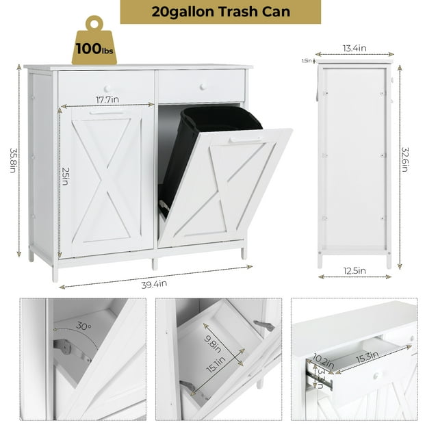 LAZY BUDDY Double Tilt-out Trash Cabinet Free Standing Kitchen Garbage Bin Recycling Cabinet Wooden Hideaway Trash Cans Holder (2x 10 Gallon)