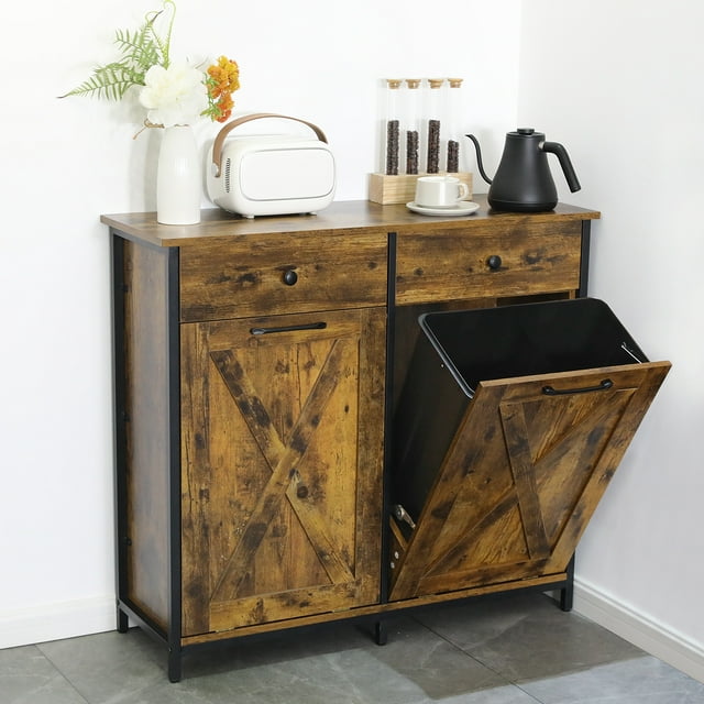 LAZY BUDDY Double Tilt Out Trash Cabinet, Wooden 20 Gallon Kitchen Garbage Can Holder Free Standing