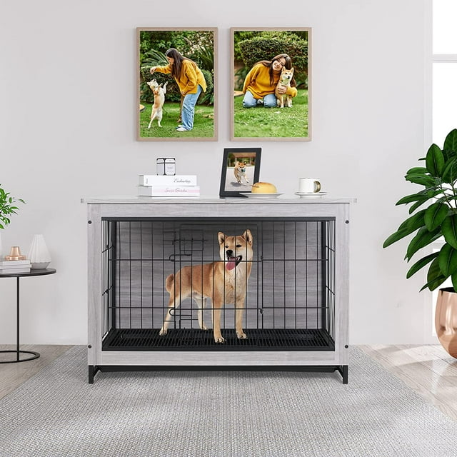 LAZY BUDDY Dog Crate Furniture for Small / Medium Dogs, Indoor Dog Kennel Side End Table Wooden Dog Cage with Removable Tray