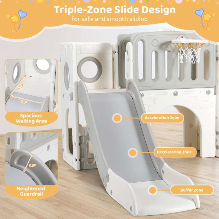 LAZY BUDDY Freestanding Toddler Slide, Kids Slide Climber Playset, Plastic Baby Slide with Basketball Hoop, Telescope, Tunnel, Storage Space, Anti-Slip Steps, Indoor Outdoor Playground for Ages 3+