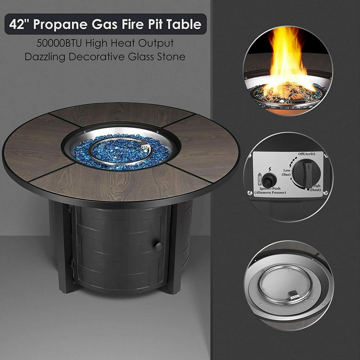 GARTIO 42" Round 50000 BTU Propane Fire Pit Table with Rain Cover & Fire Glass