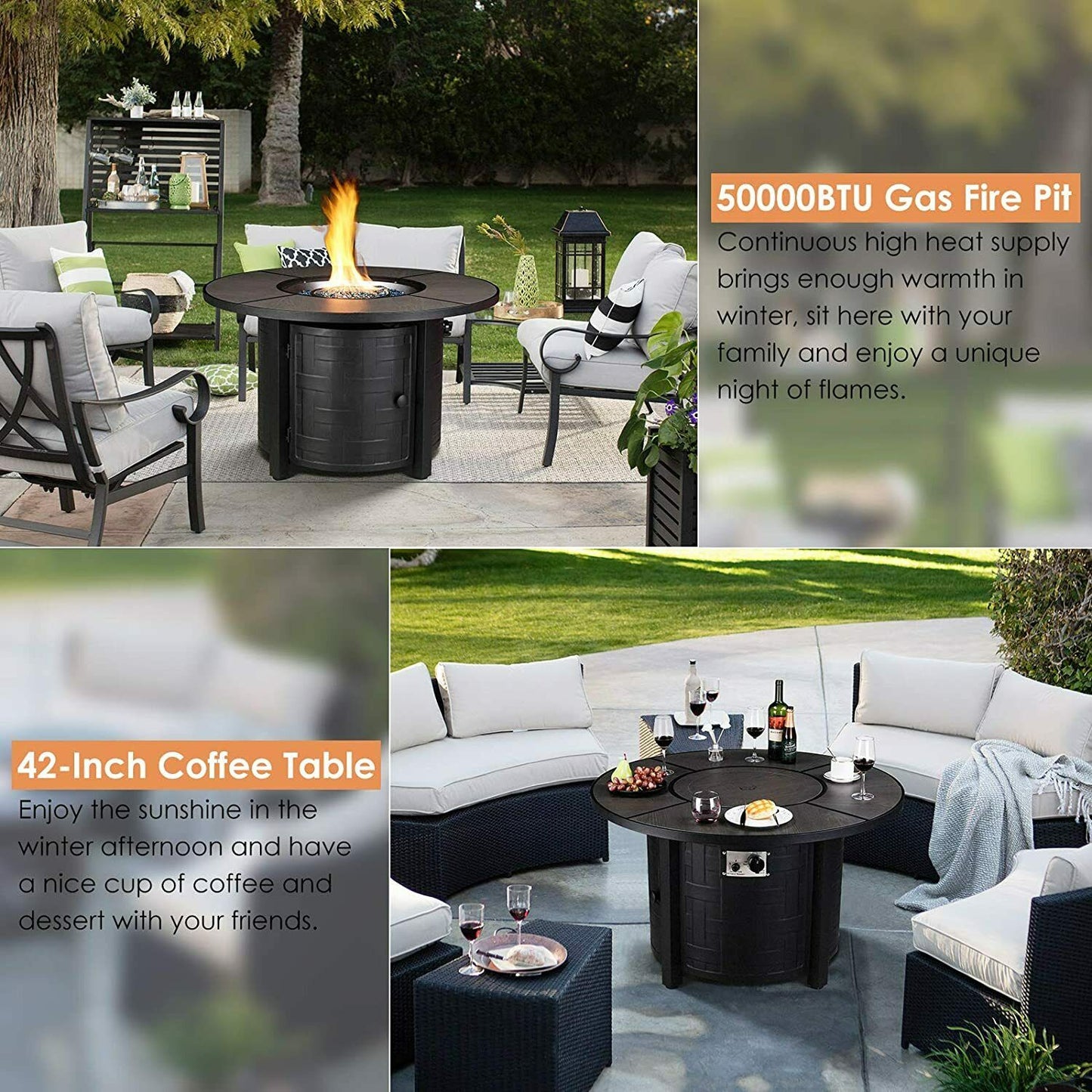 GARTIO 42" Round 50000 BTU Propane Fire Pit Table with Rain Cover & Fire Glass