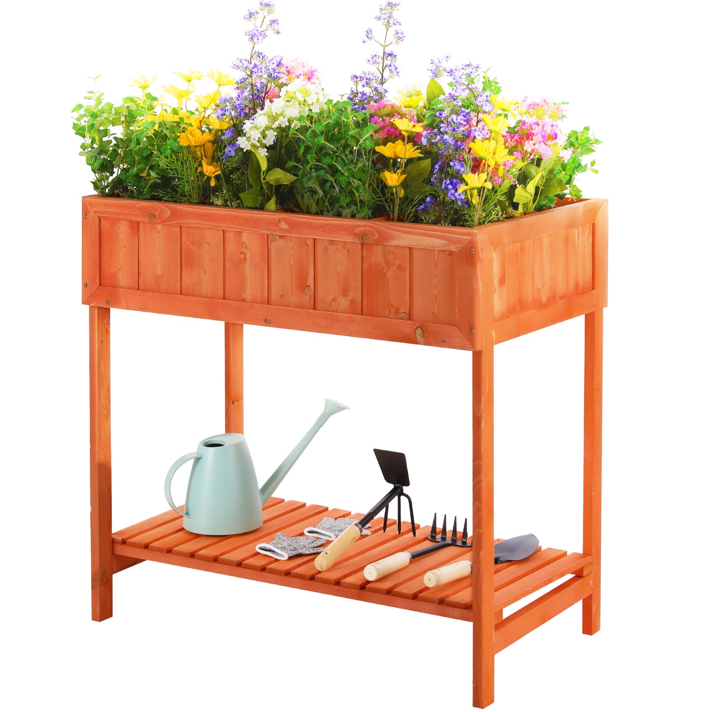 LAZY BUDDY Wooden Raised Garden Bed with Garden Tools Storage Shelf Elevated Planter Box Stand