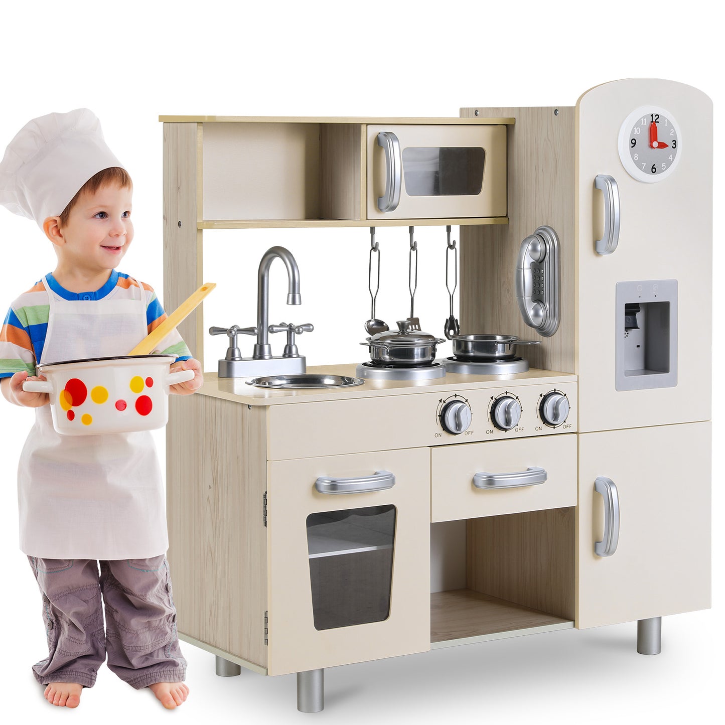 LAZY BUDDY Preschool Play Kitchen Sets, Toddler Wooden Pretend Cooking Set with Telephone, Stove, Microwave, Water Dispenser, Shelf, Cabinets & 5 Cookware Accessories