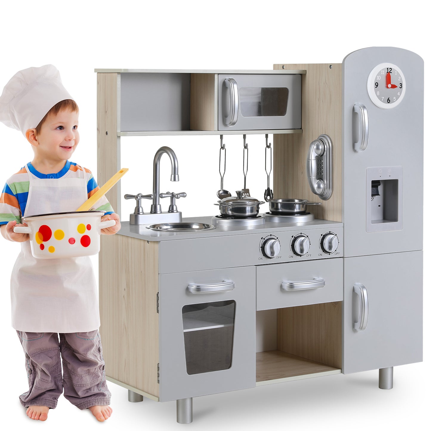 LAZY BUDDY Preschool Play Kitchen Sets, Toddler Wooden Pretend Cooking Set with Telephone, Stove, Microwave, Water Dispenser, Shelf, Cabinets & 5 Cookware Accessories