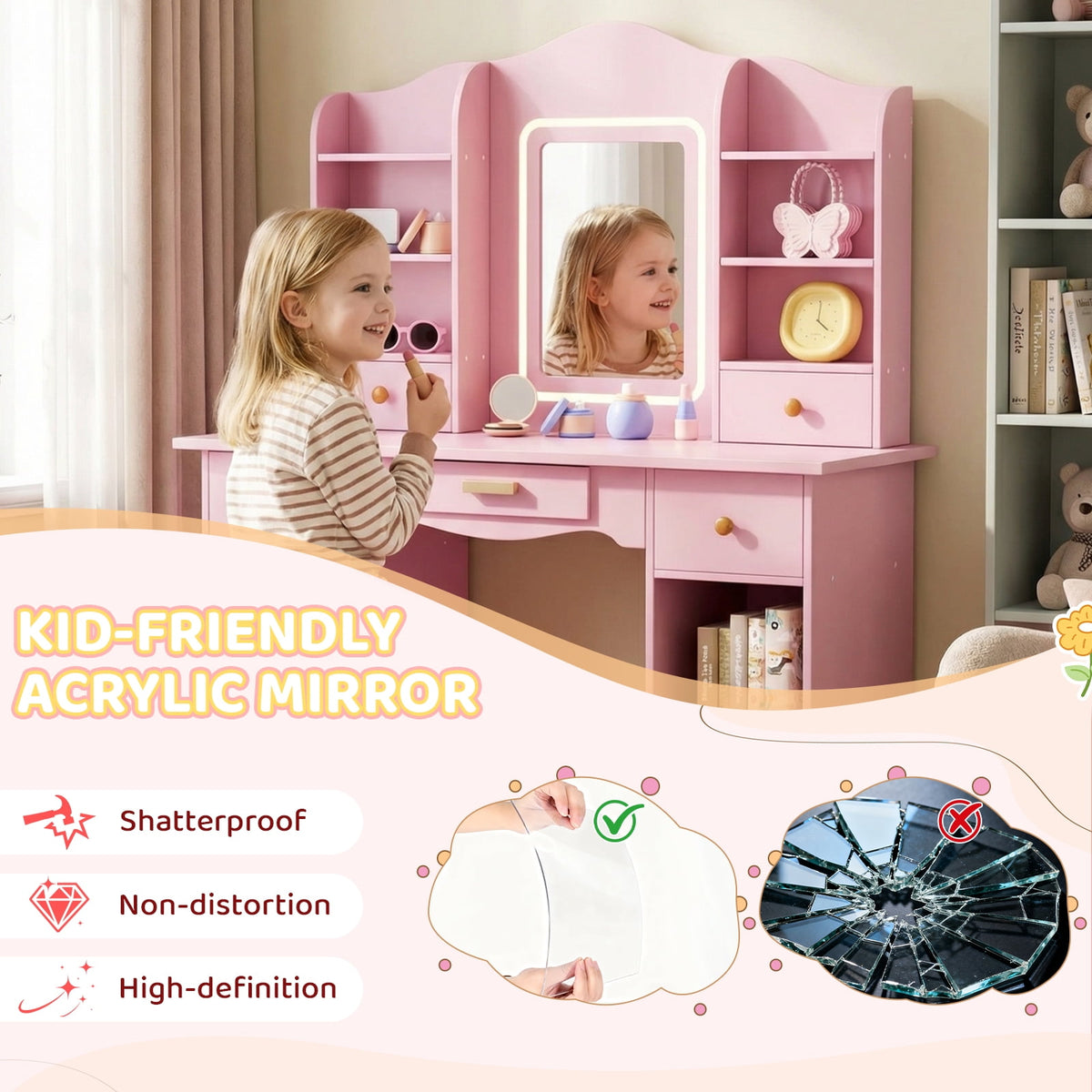 LAZY BUDDY Wooden Kids Vanity Table with Lights, Mirror and Stool, 2 in 1 Toddler Pretend Play Dressing Table with Drawers & Open Shelves for Little Girls