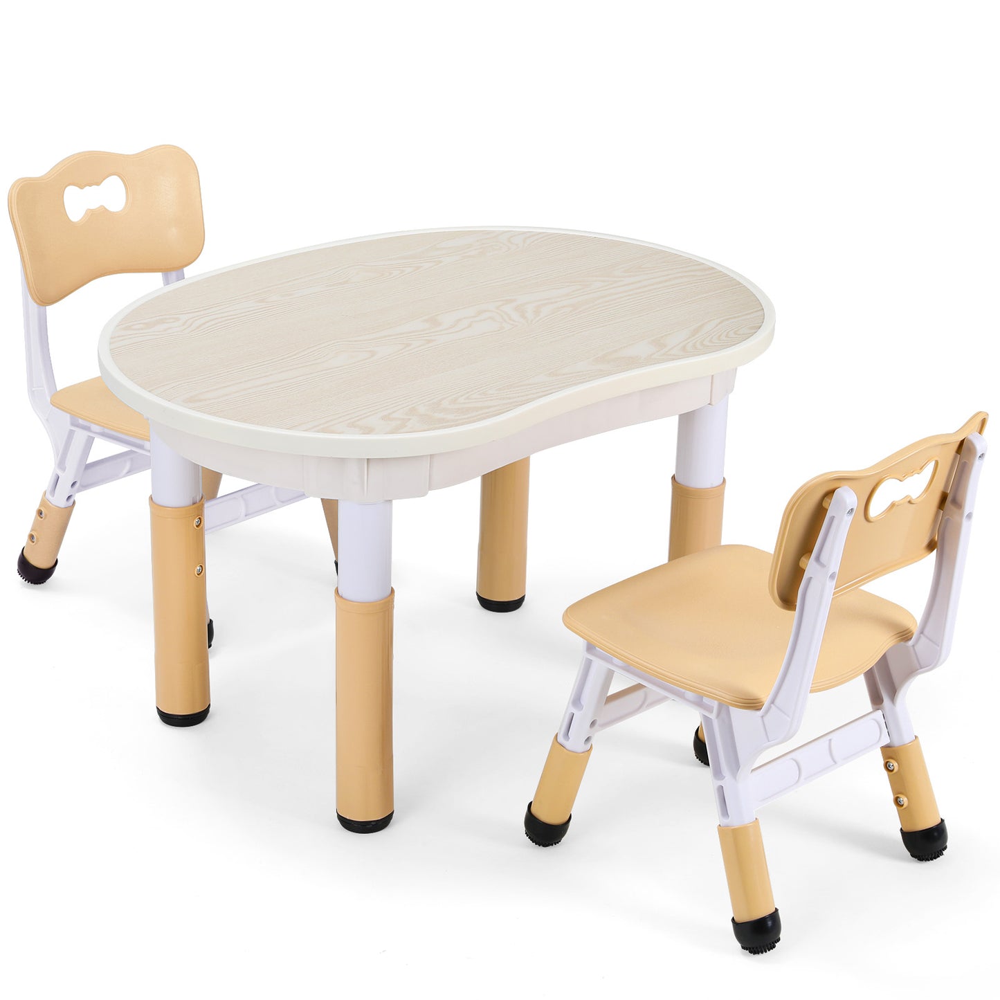 LAZY BUDDY Kids Table and 2 Chairs Set, Height Adjustable Plastic Children Arts & Crafts Desk for Ages 3-8, Cute Peanut Shape Graffiti Desktop