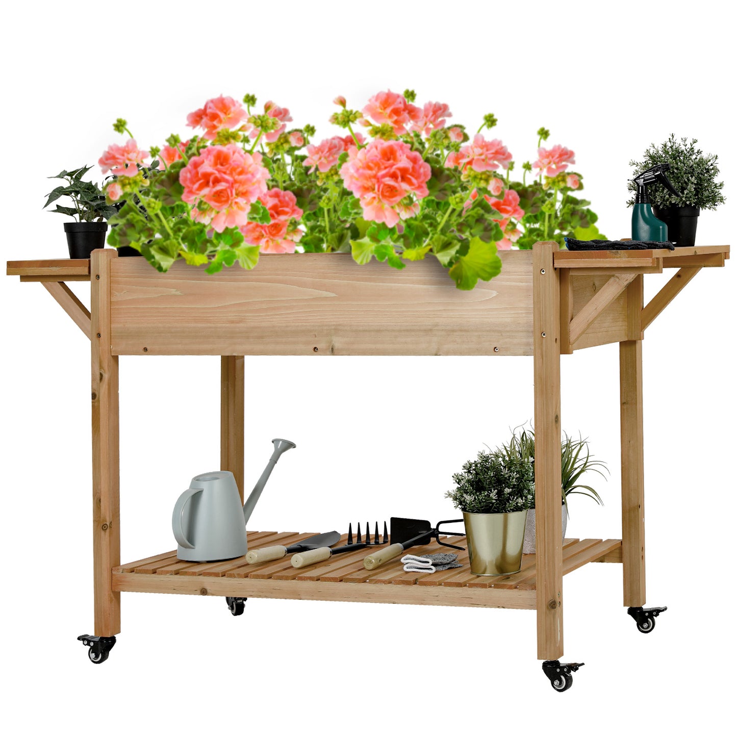 LAZY BUDDY 57"x20"x33" Mobile Raised Garden Bed Outdoor Elevated Planter Box W/Legs, Side Tables, Lockable Wheels