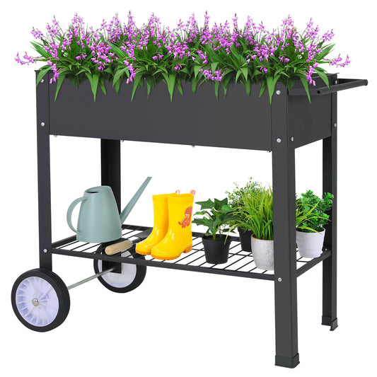 LAZY BUDDY Metal Planter Cart, 34'' Raised Garden Bed with 7.9’’ Wheels, Mobile Elevated Planter Box for Backyard Garden, Patio, Black