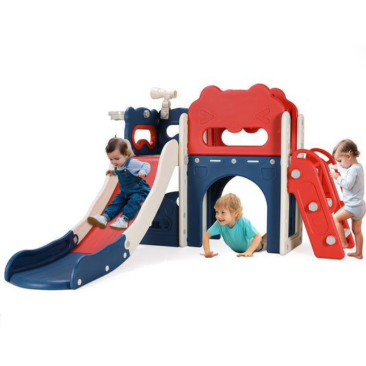 LAZY BUDDY Toddler Slide with Climber, 8-in-1 Kids Slide Playset, Indoor/Outdoor Baby Playground with Basketball Hoop, Telescope, Gift for Ages 1-3