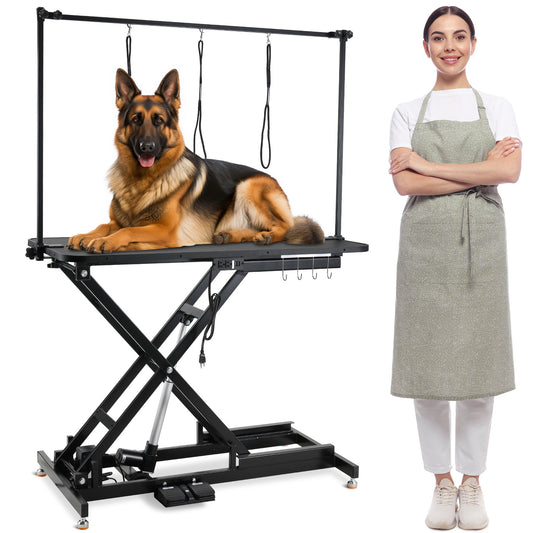 LAZY BUDDY 49.2” Electric Pet Grooming Table, Heavy Duty Dog Hydraulic Grooming Station with Arm, Nooses & Multi-hole Socket