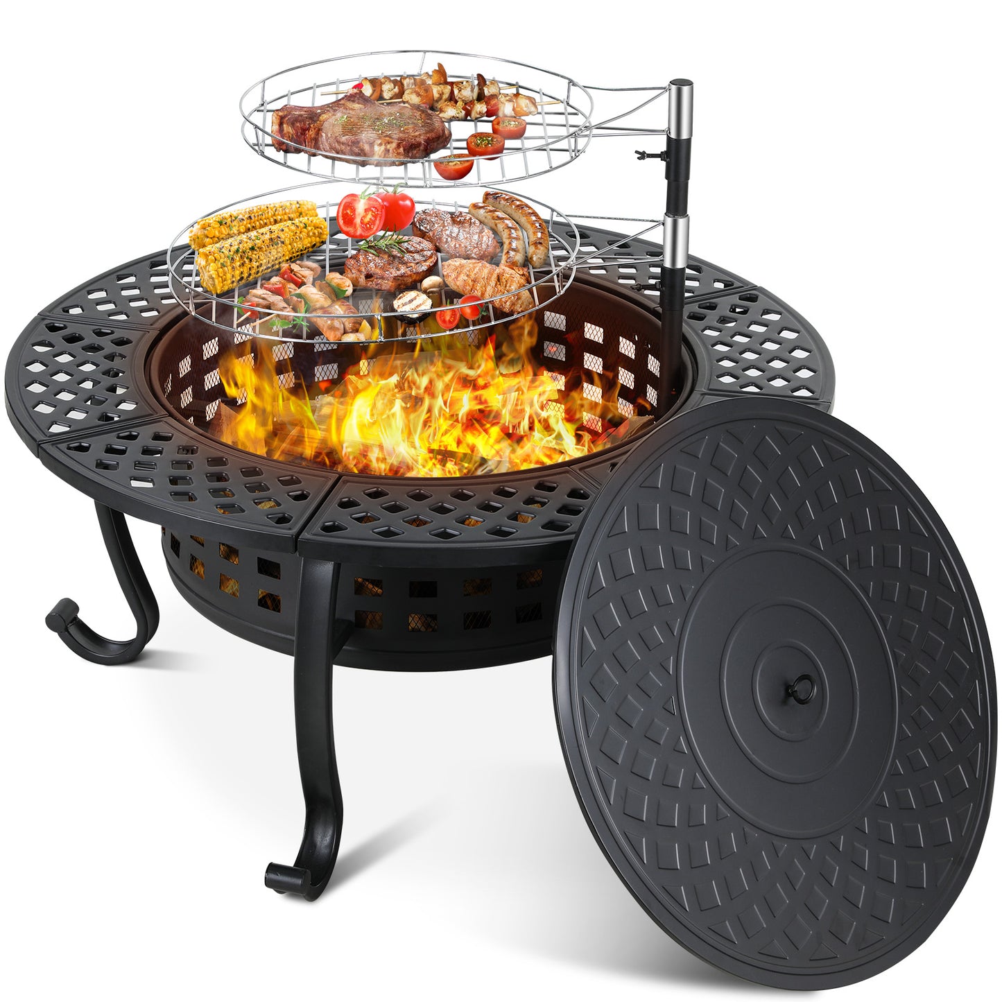 LAZY BUDDY Metal Fire Pits for Outdoor, 37'' Round Wood Burning Fire Pit Table with 2 Removable 360 Degree Swivel Cooking Grills, Lid and Fire Poker, for Outside Patio BBQ Firepit Bonfire Party