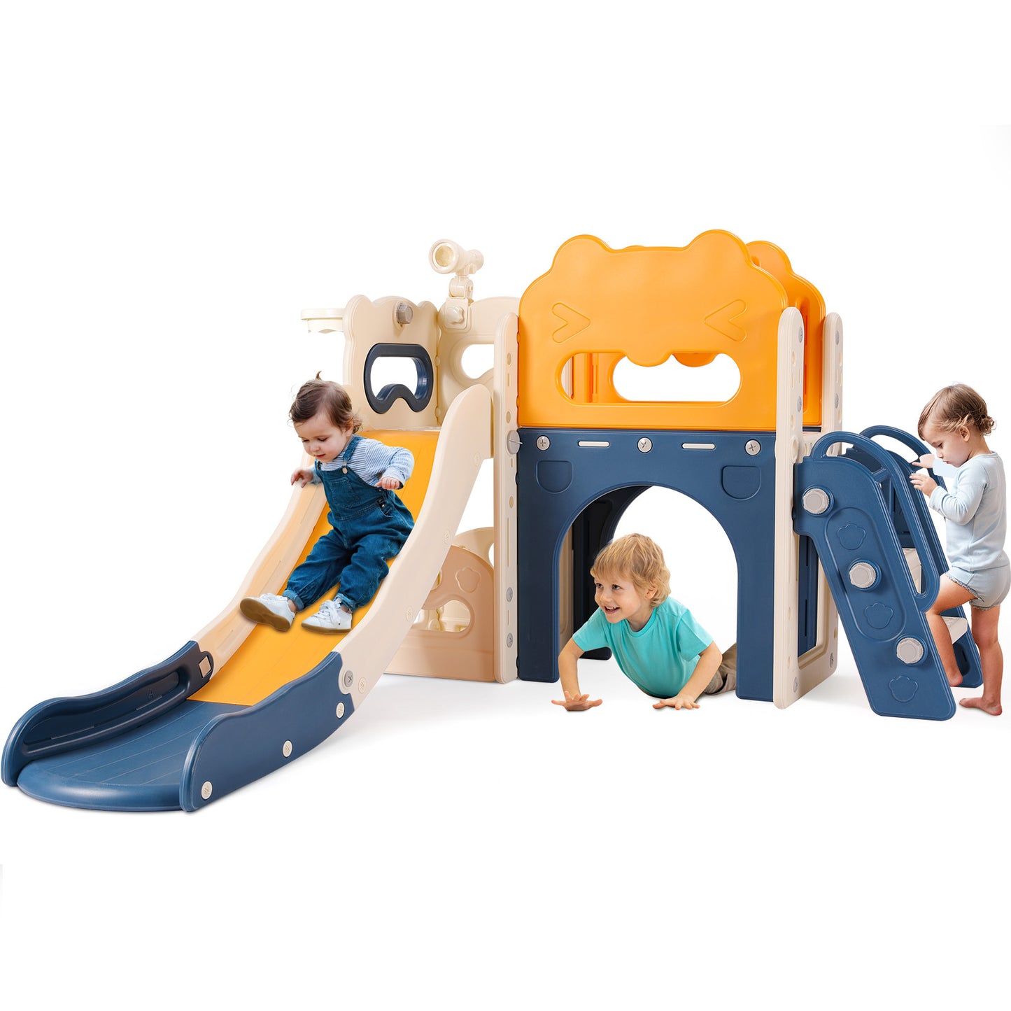 LAZY BUDDY Toddler Slide with Climber, 8-in-1 Kids Slide Playset, Indoor/Outdoor Baby Playground with Basketball Hoop, Telescope, Gift for Ages 1-3