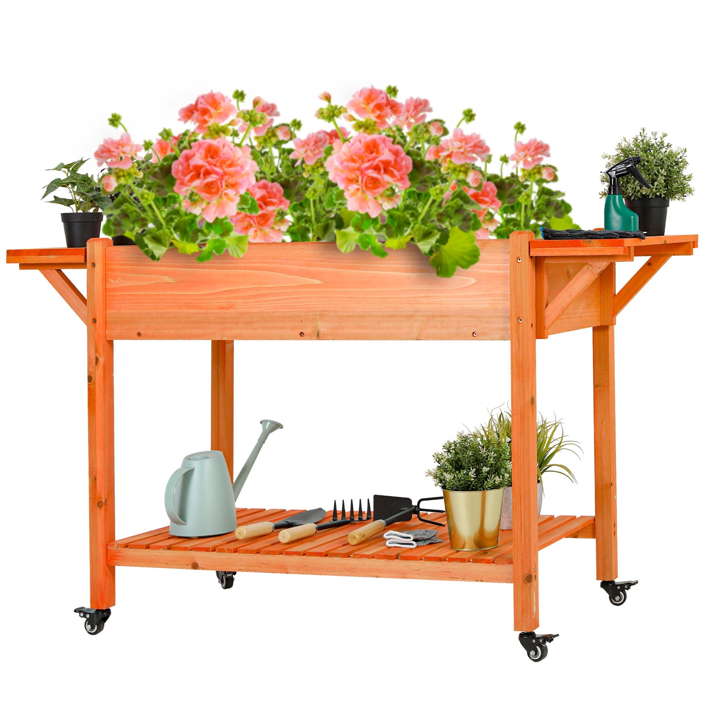 LAZY BUDDY 57"x20"x33" Mobile Raised Garden Bed Outdoor Elevated Planter Box W/Legs, Side Tables, Lockable Wheels