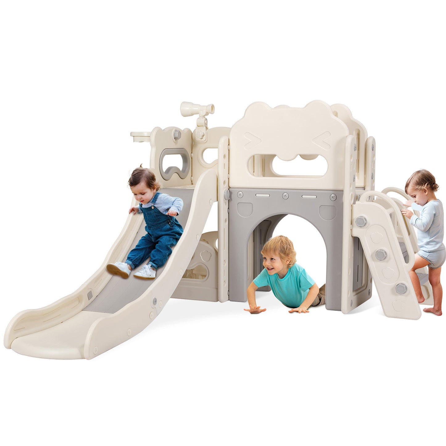 LAZY BUDDY Toddler Slide with Climber, 8-in-1 Kids Slide Playset, Indoor/Outdoor Baby Playground with Basketball Hoop, Telescope, Gift for Ages 1-3