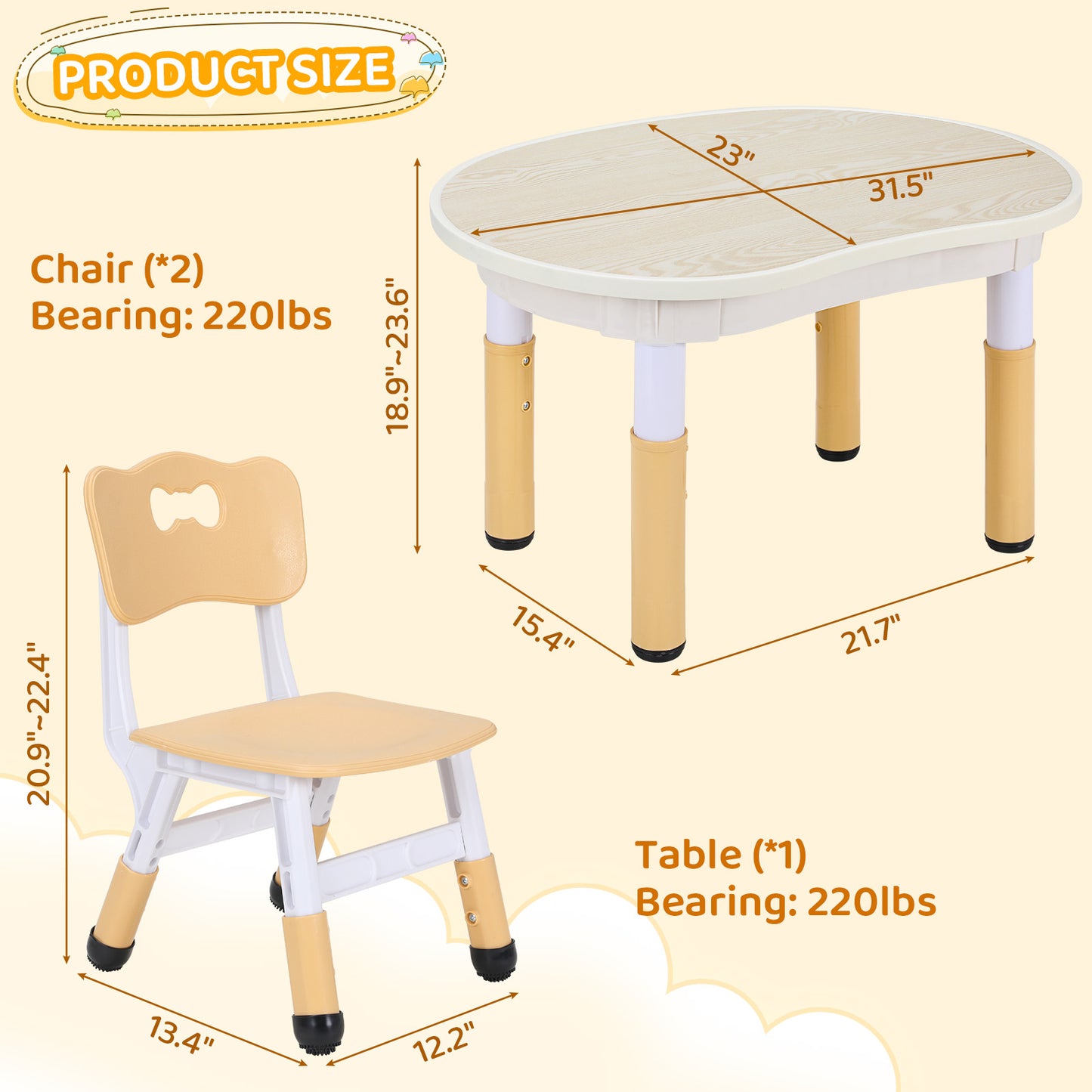 LAZY BUDDY Kids Table and 2 Chairs Set, Height Adjustable Plastic Children Arts & Crafts Desk for Ages 3-8, Cute Peanut Shape Graffiti Desktop