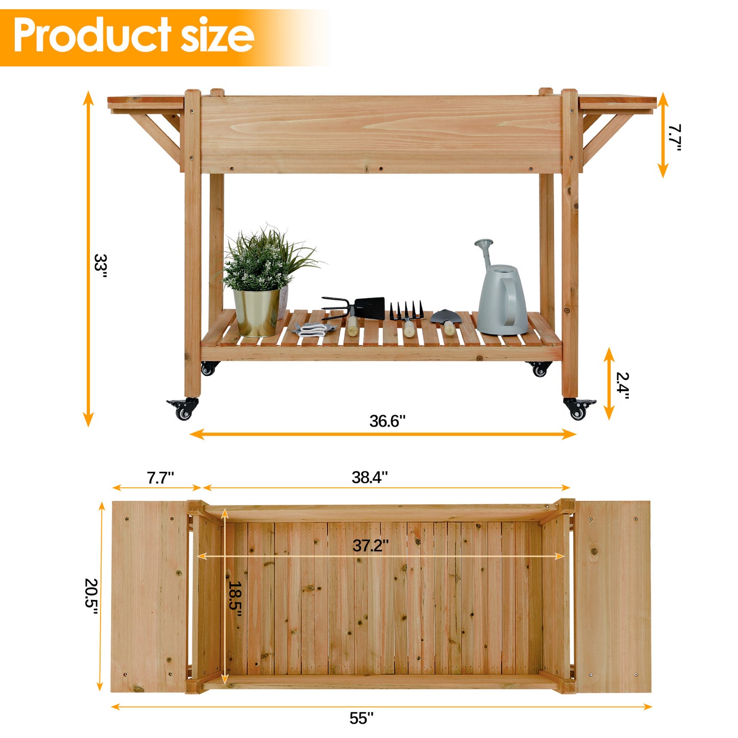 LAZY BUDDY 57"x20"x33" Mobile Raised Garden Bed Outdoor Elevated Planter Box W/Legs, Side Tables, Lockable Wheels