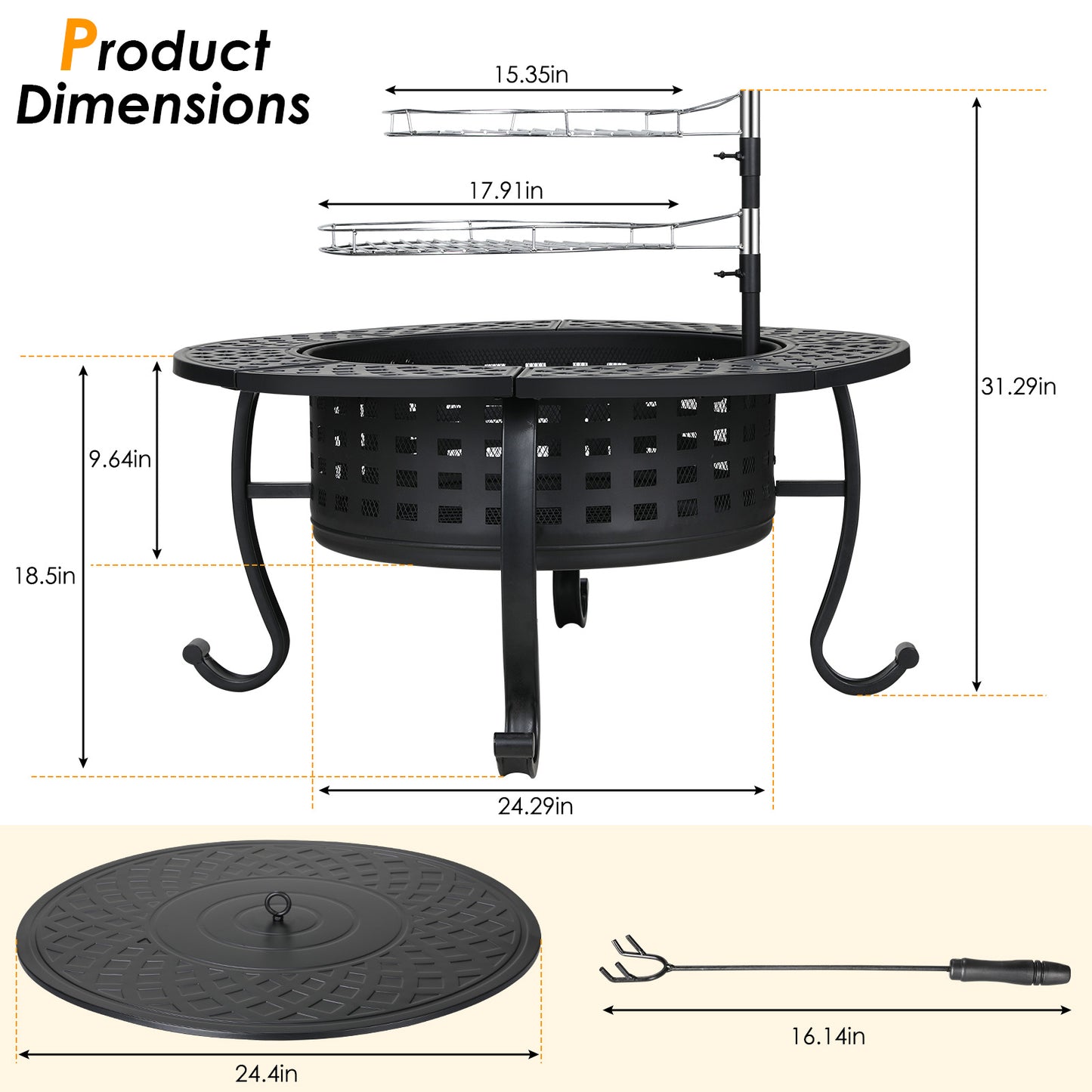 LAZY BUDDY Metal Fire Pits for Outdoor, 37'' Round Wood Burning Fire Pit Table with 2 Removable 360 Degree Swivel Cooking Grills, Lid and Fire Poker, for Outside Patio BBQ Firepit Bonfire Party