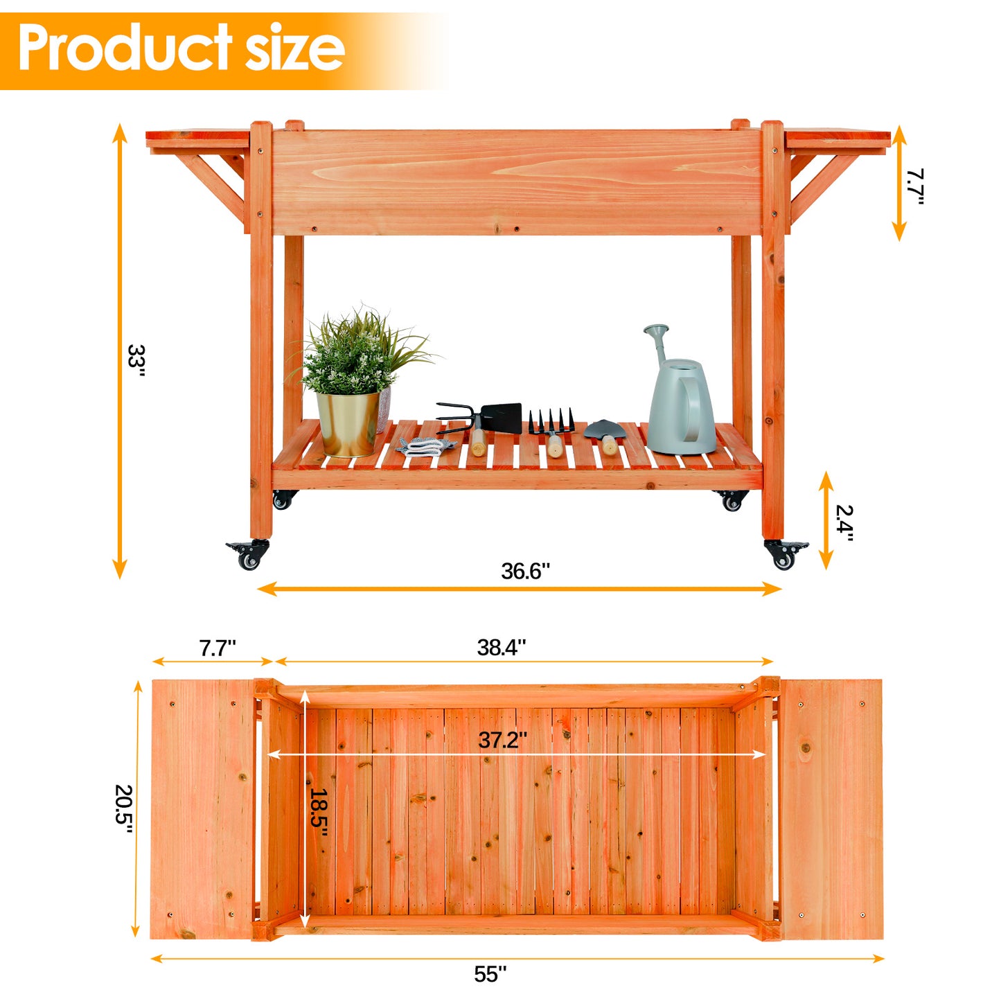 LAZY BUDDY 57"x20"x33" Mobile Raised Garden Bed Outdoor Elevated Planter Box W/Legs, Side Tables, Lockable Wheels