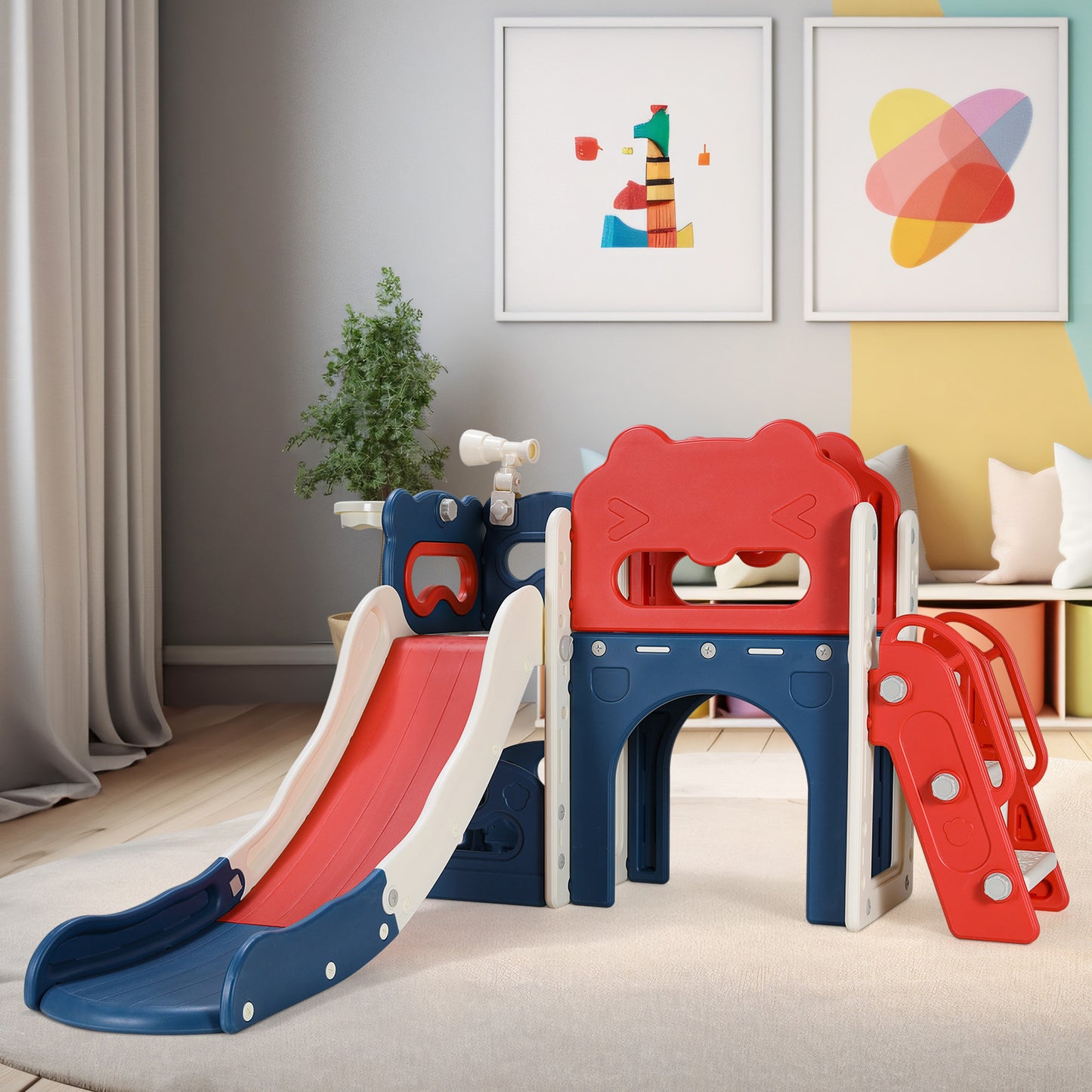 LAZY BUDDY Toddler Slide with Climber, 8-in-1 Kids Slide Playset, Indoor/Outdoor Baby Playground with Basketball Hoop, Telescope, Gift for Ages 1-3