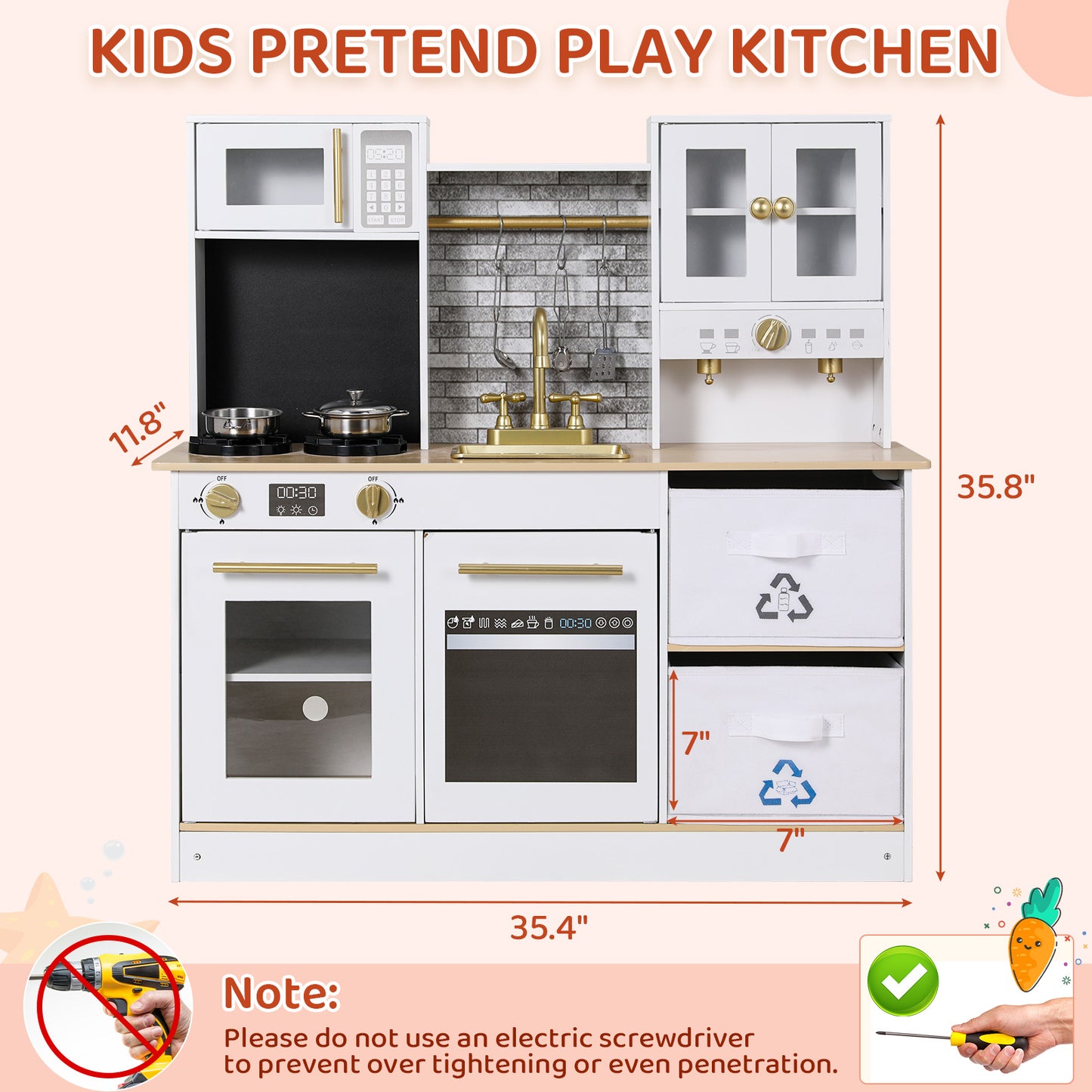 LAZY BUDDY Kids Kitchen Playset, Toddler Pretend Play Kitchen w/ 2 Fabric Boxs, Cooking Toy Kitchen Set with Realistic Lights & Sounds, Little Chef Pretend Toy Set for Boys Girls