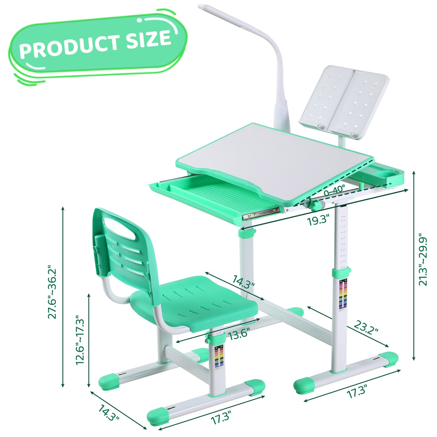 LAZY BUDDY Kids Multifunctional Desk and Chair Set, Height Adjustable Children School Study Desk with Tilt Desktop, LED Lamp and Hook