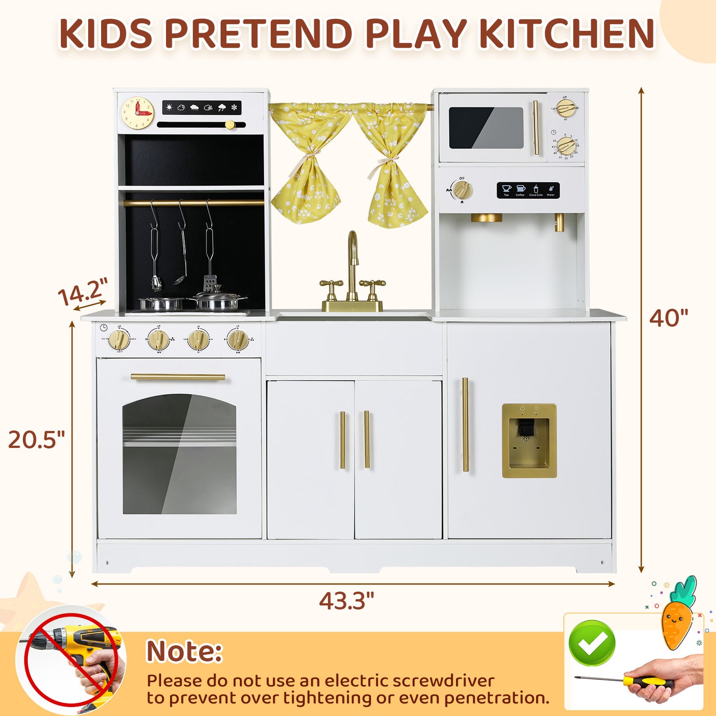 LAZY BUDDY Toddler Play Kitchen, Wooden Kids Kitchen Playset w/Stove, Sink, Microwave, Water Dispenser, Curtain, Gift for Ages 3+