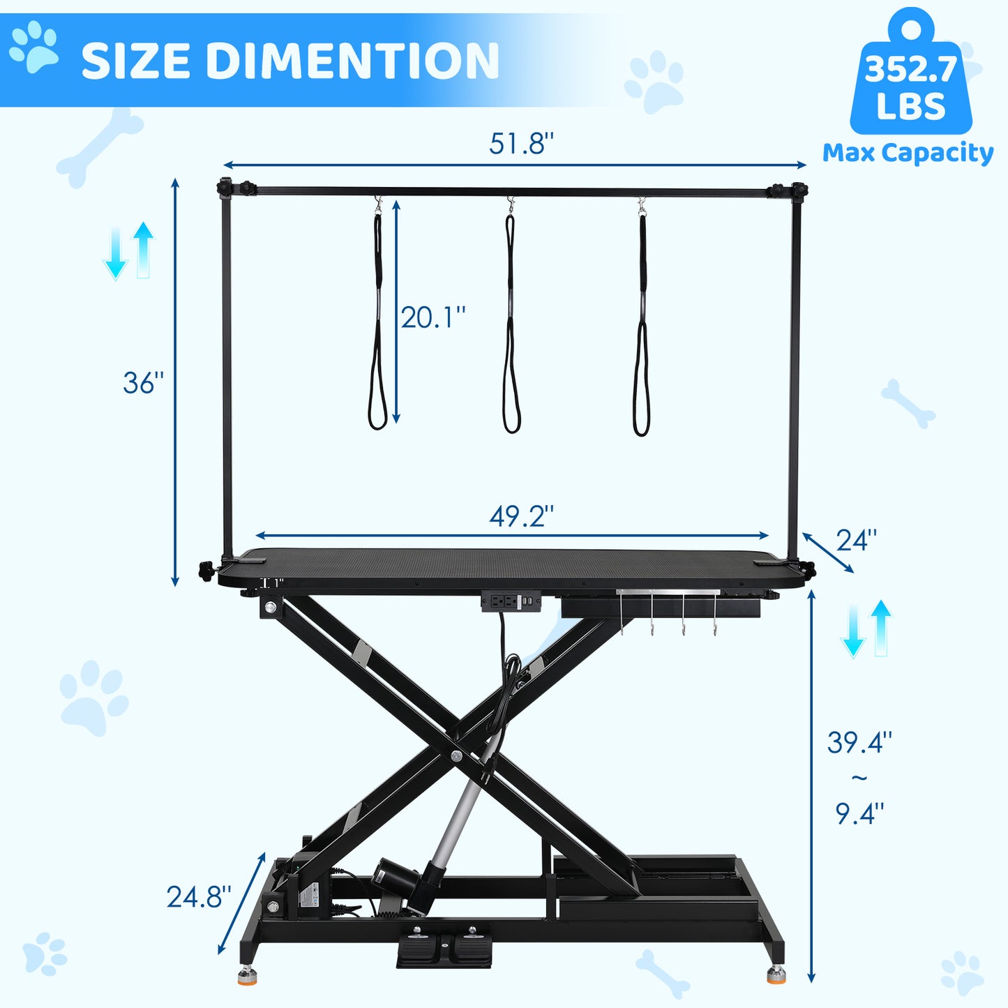 LAZY BUDDY 49.2” Electric Pet Grooming Table, Heavy Duty Dog Hydraulic Grooming Station with Arm, Nooses & Multi-hole Socket