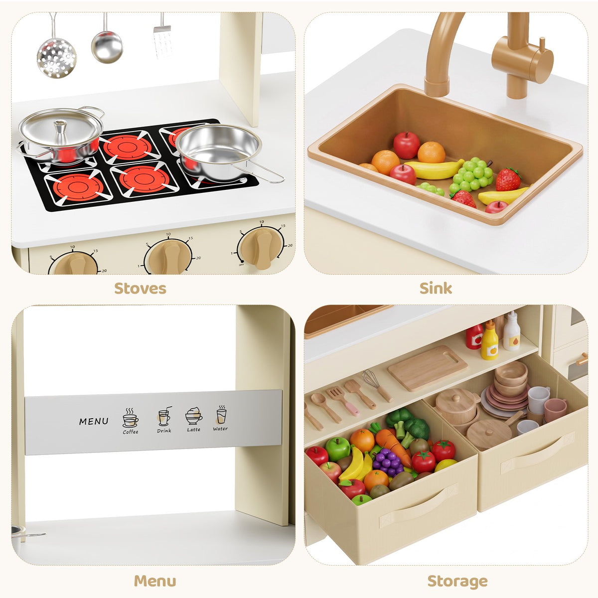 LAZY BUDDY Wooden Pretend Play Kitchen for Kids, 3-Piece Modular Kitchen Playset Toddler Interactive Toy Gift