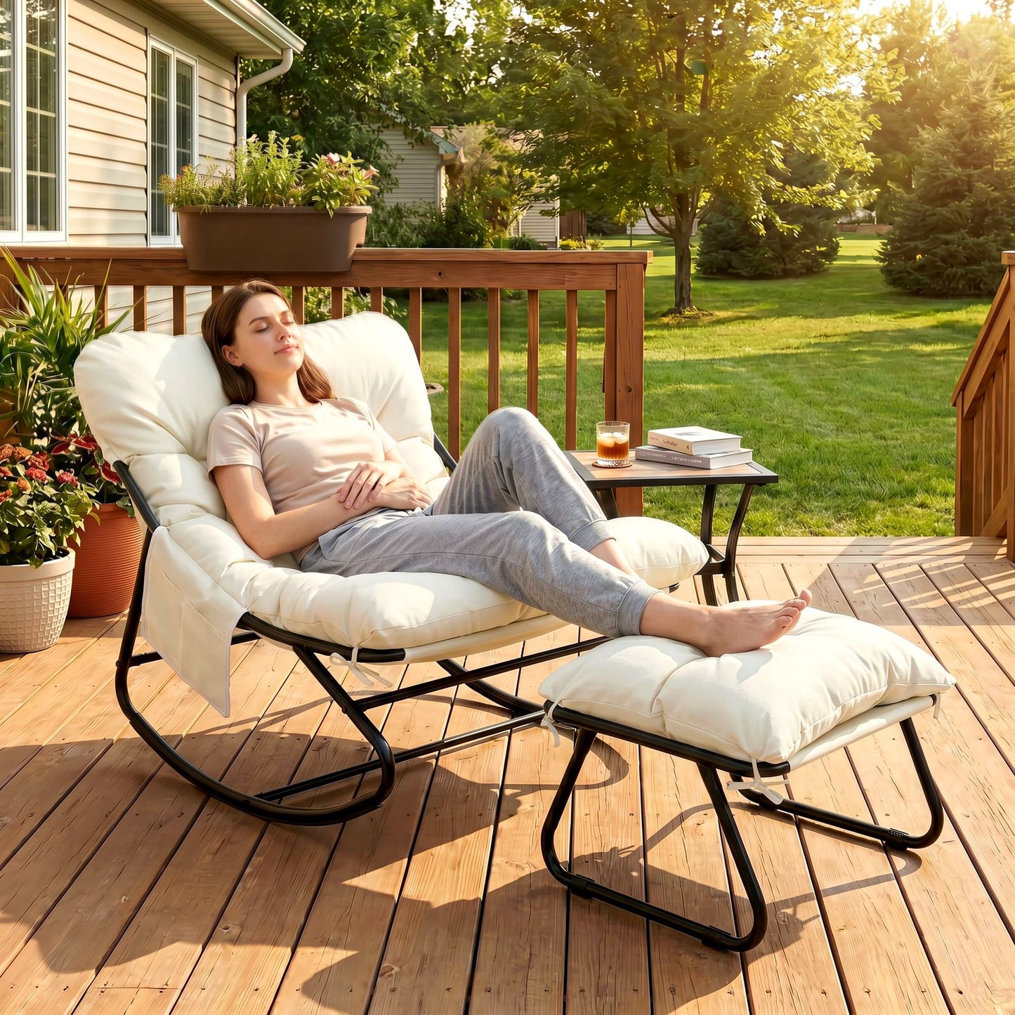 LAZY BUDDY Large Papasan Rocking Chair with Ottoman, Patio Lounge Chair Rocker with 7.4'' Thick Cushion, for Indoor Outdoor Use